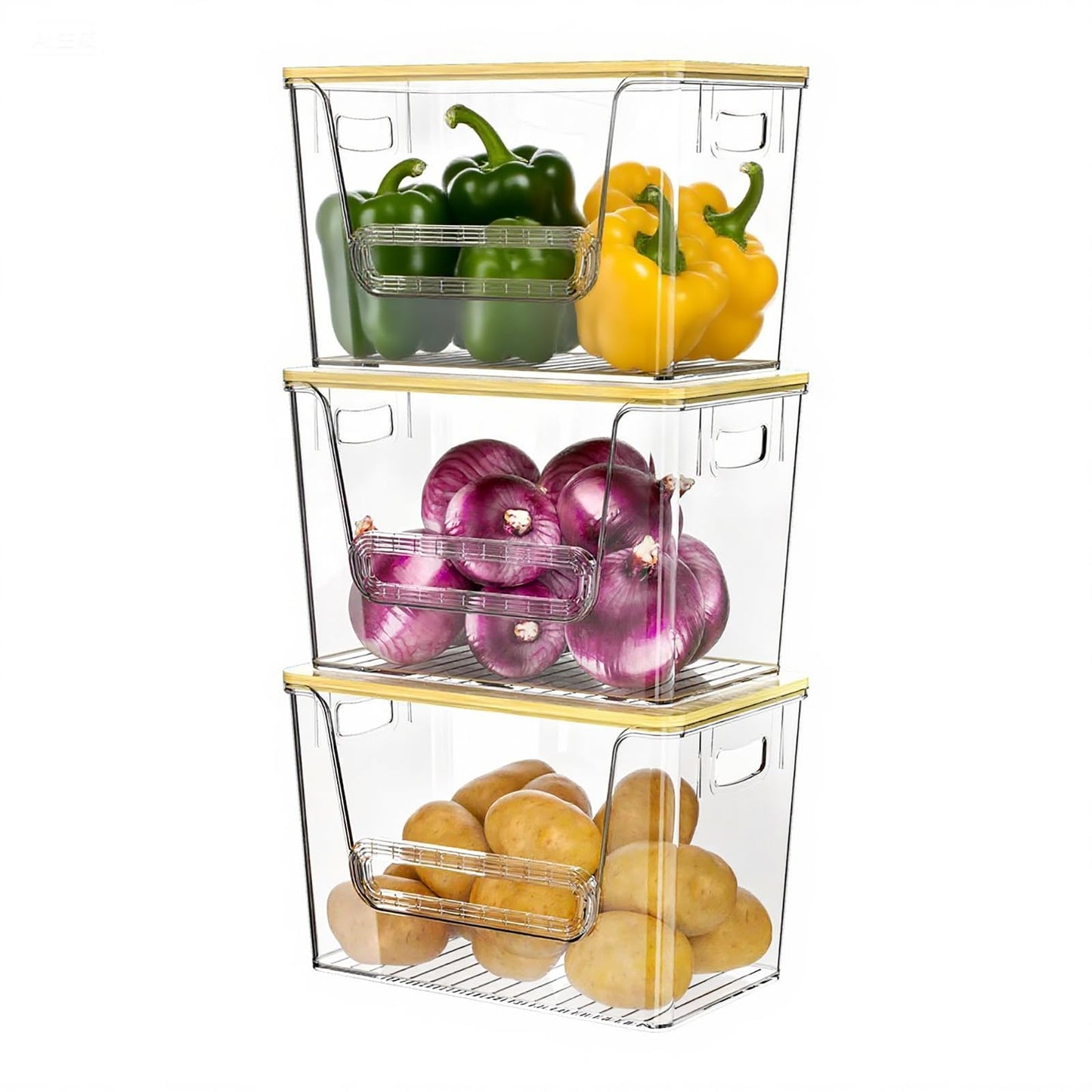 Delamu 3 Pack Pantry Organizers and Storage,Trash Bag Dispenser with Bamboo Top,Stackable Trash Bag Dispenser Under Sink Organizer for 4-30 GalBags,Onion,Potato,Fruits,Clear