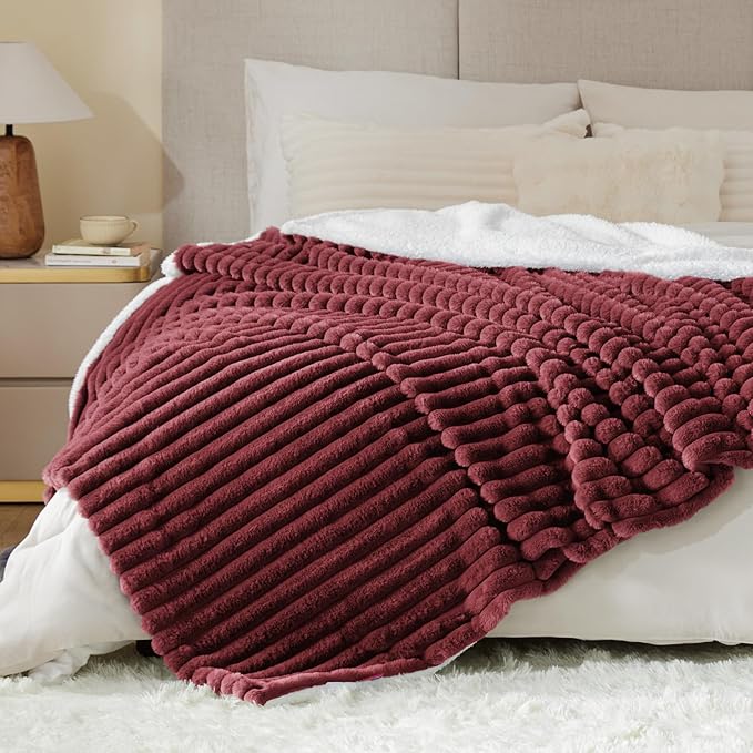 INFIIXSO Sherpa Throw Blanket for Couch - Super Soft & Warm Striped Fleece Blanket, Cozy Plush Fluffy Blanket All Season Use (Burgundy, 50x60 Inches)