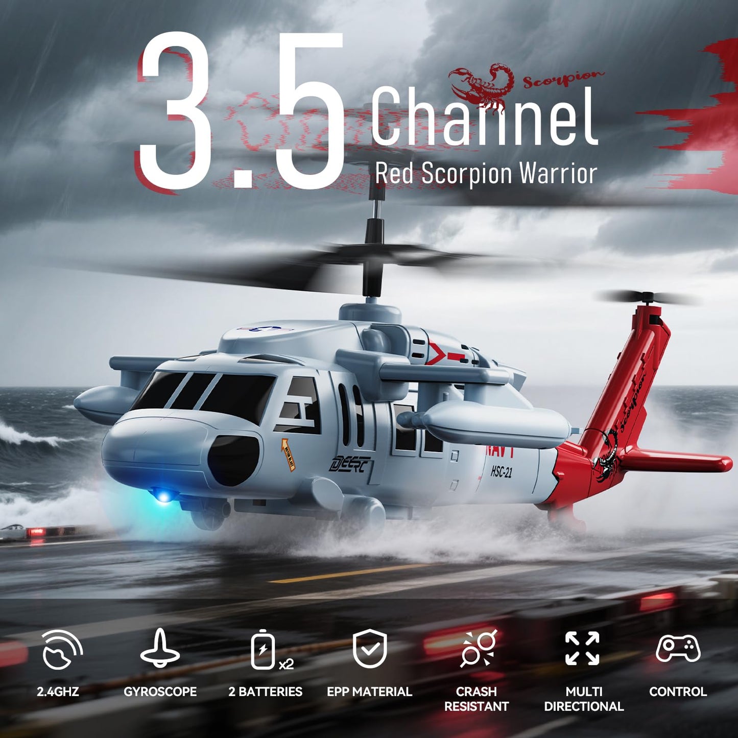 DEERC Black Hawk RC Helicopter,2.4GHz Remote Control Helicopter with 2 Batteries,26 Mins Flight,Indoor Helicopter Toy for Kids Adults,One-Key Take off,LED Light,Altitude Hold,Flying Gift for Boys 8-12