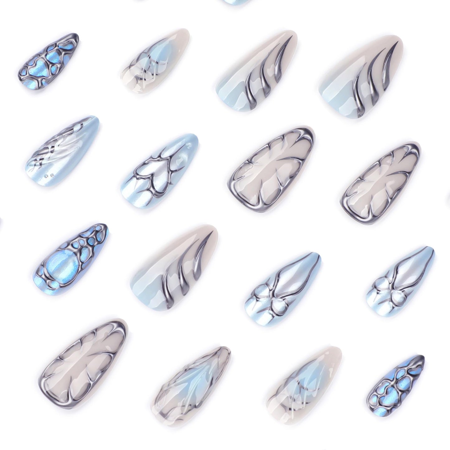 CTTHNBD Press on Nails Almond - Blue Fake Nails with Bow Heart Desgin - Y2k, Medium False Nails Press ons - for Women 24 Pcs
