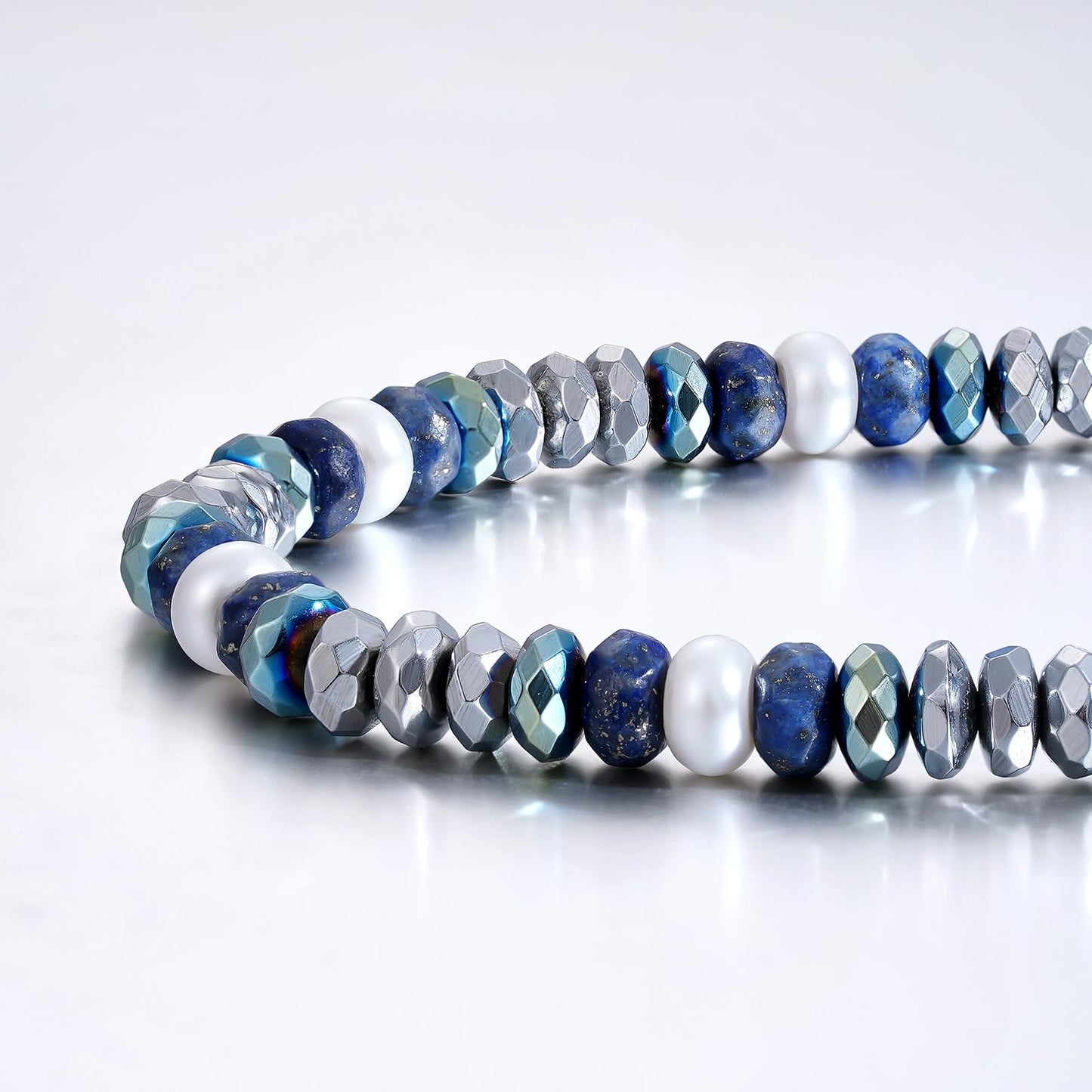 Holamonte Natural Stone Beaded Bracelets for Men, Tigereye Bead Link Bracelet, Adjustable Retractable Cord, Men's Chakra Protection Lapis Hematite Glass Pearl Bracelet, Ideal Gift (Blue)