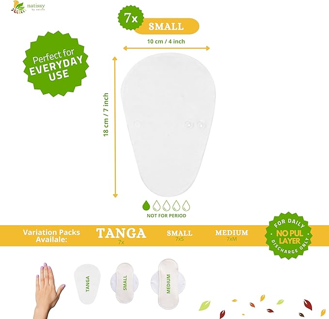 Non-Slip Organic Reusable Panty Liners for Women & Teens (Tanga, 7-Pack); High-Temp Washable Cotton Cloth Liners; Stay Fresh & Dry, for Daily Vaginal Discharge Only; 100% Breathable (no PUL/TPU)