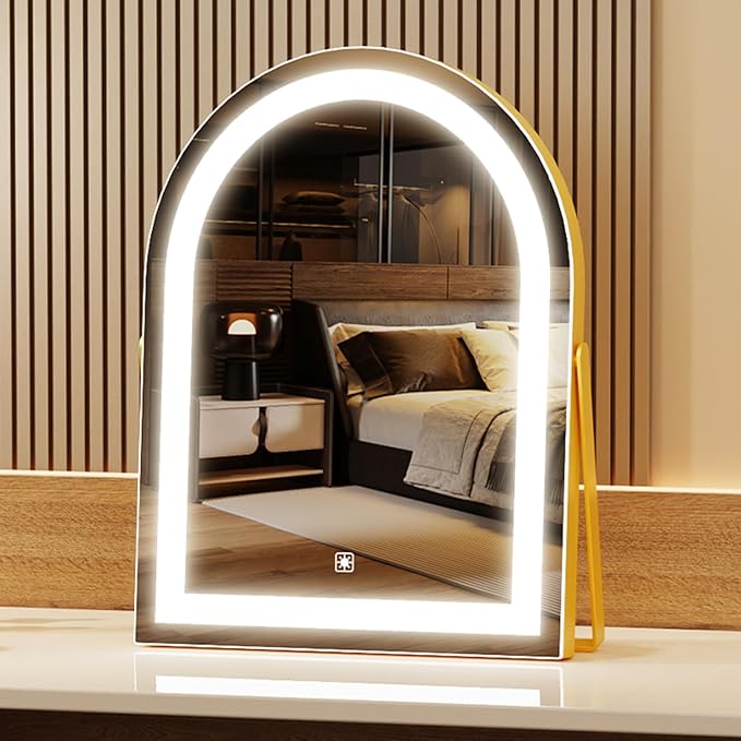 Elegant LED Vanity Mirror with 3-Color Adjustable Lights, Arched Makeup Mirror 360° Rotating Stand & Touch Control - Perfect Makeup Gift for Women Gold