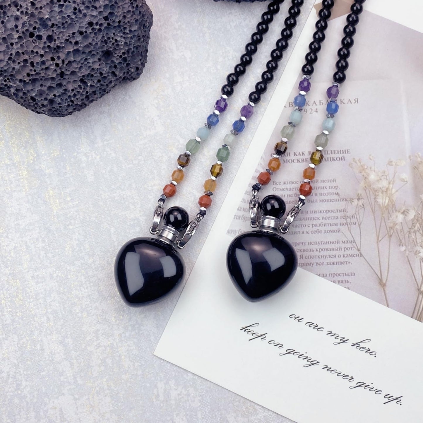 EDEN'S CALL Black Obsidian Crystal Heart Perfume Bottle Pendant Necklace, 7 Chakra Crystal Bead Aromatherapy Diffuser Pendant Jewelry Gifts for Women