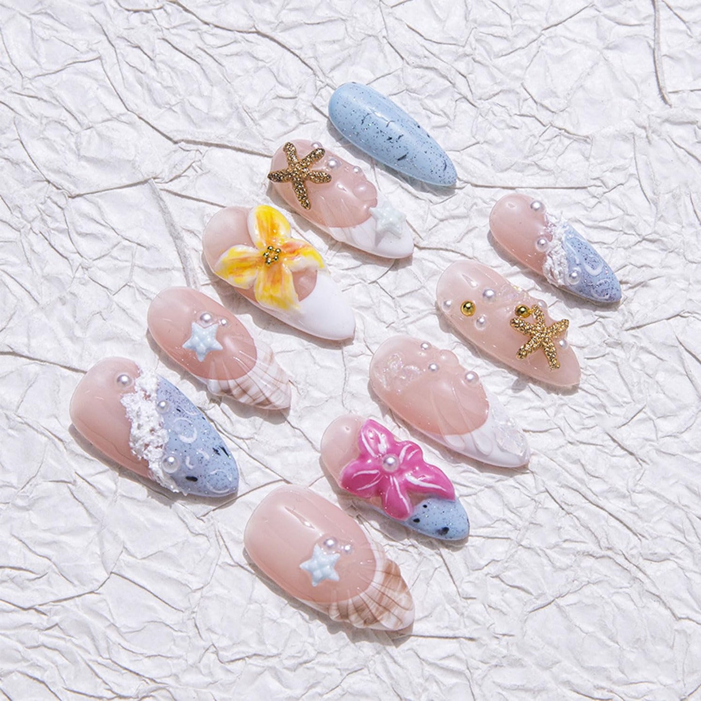 Handmade Press on Nails Medium Almond Nails with Glue,Shell French Tip Fake Nails with 3D Floral Design Ocean Nails Press ons Nude Pink False Nails Muti-Layer Gel Acrylic Nails for Women (Size S)