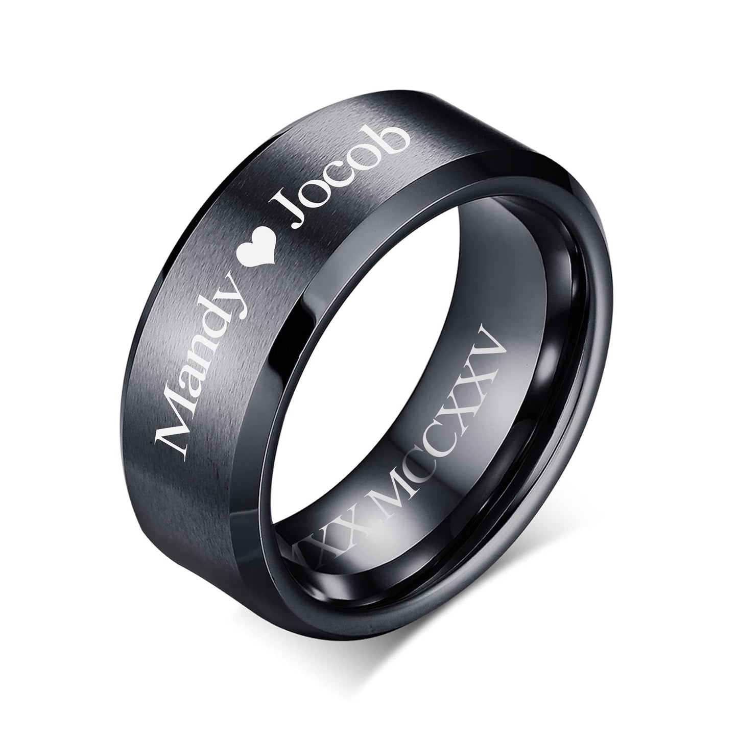VNOX Mens 8mm Brushed Matte Tungsten Carbide Classical Simple Plain Personalized Custom Name Date Wedding Band Wedding Engagement Ring,Black,Size 7