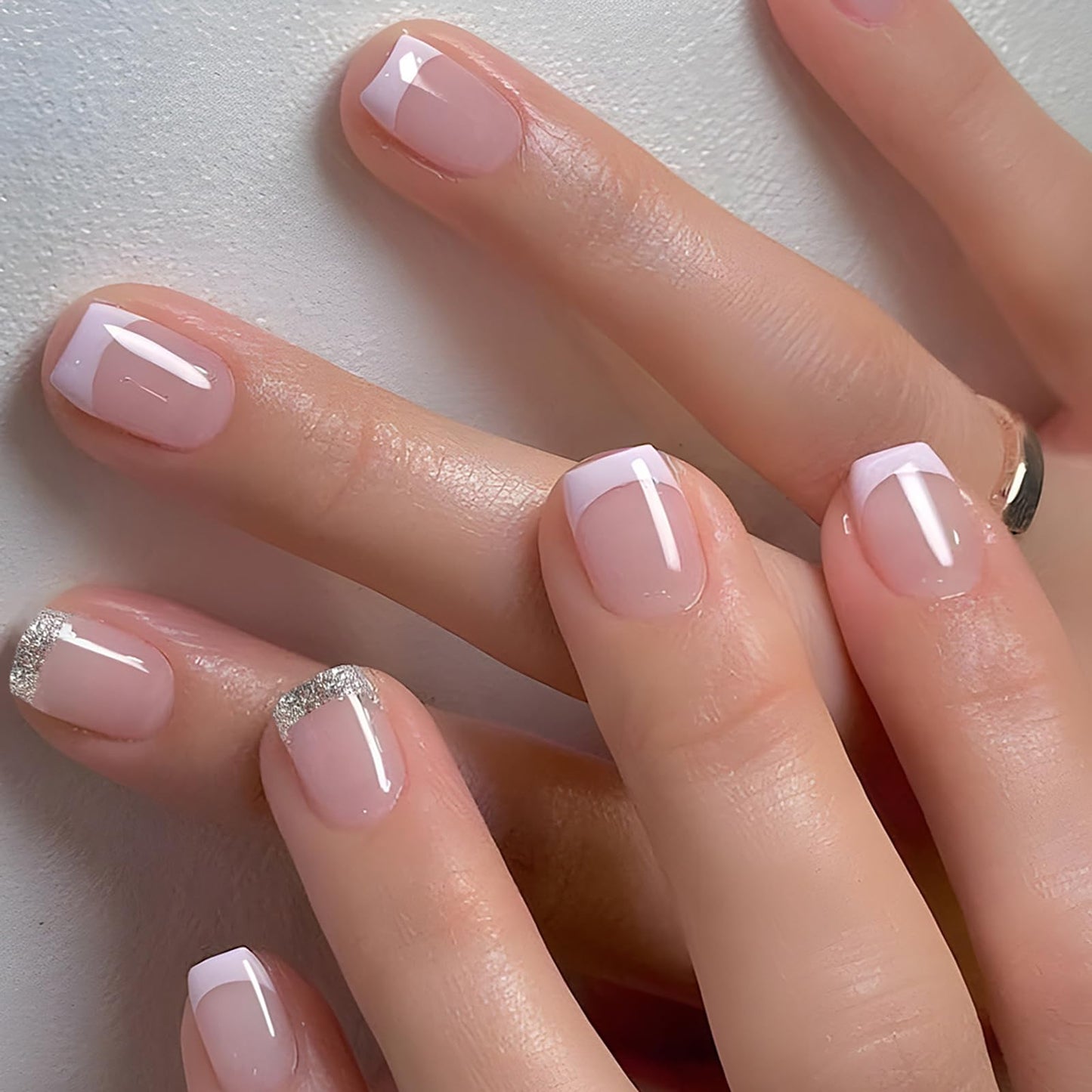 French Tip Glitter Short Square Fake Nails - Pink & White Glossy Design, Sparkly False Nails Glue On with Full Cover Acrylic Stick On Nails - 24 Pcs