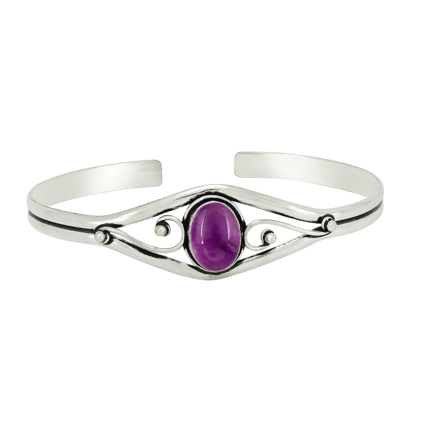 925 Silver Plated Natural Amethyst Cuff Bangle Bracelet for Women – Handmade Open Bangle – Purple Gemstone February Birthstone Statement Jewelry – Gift for Her