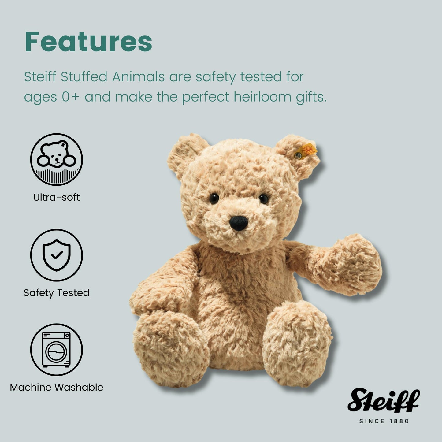 Steiff Jimmy Teddy Bear – Soft Cuddly Friends, Premium Plush Stuffed Animal Toy for Kids (Light Brown, 16")