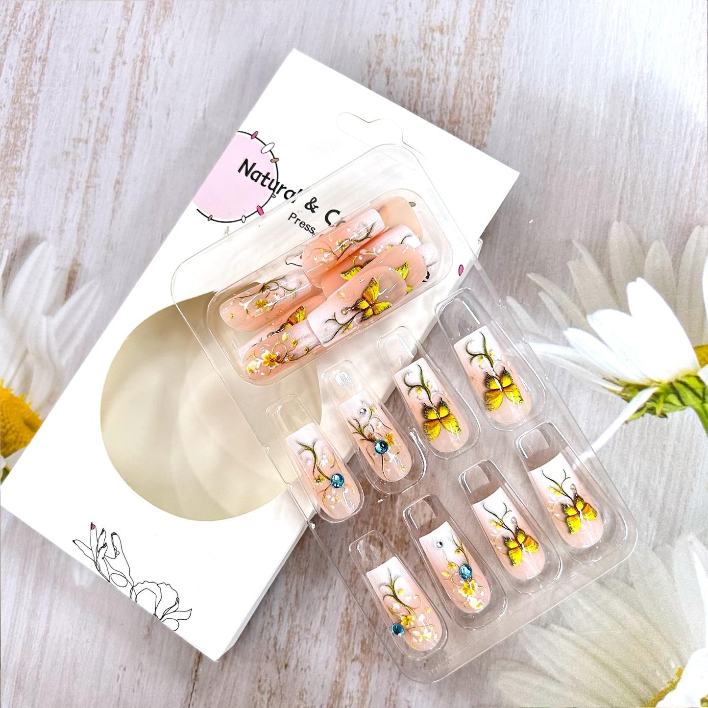 LOPMNGHT Flower Press on Nails Medium Ballet Shaped Glitter Rhinestones Buttefly Pattern Design Gradient Artificial False Nails Full Cover Reusable Glue on Nail for Women Blossom Manicure 24Pcs