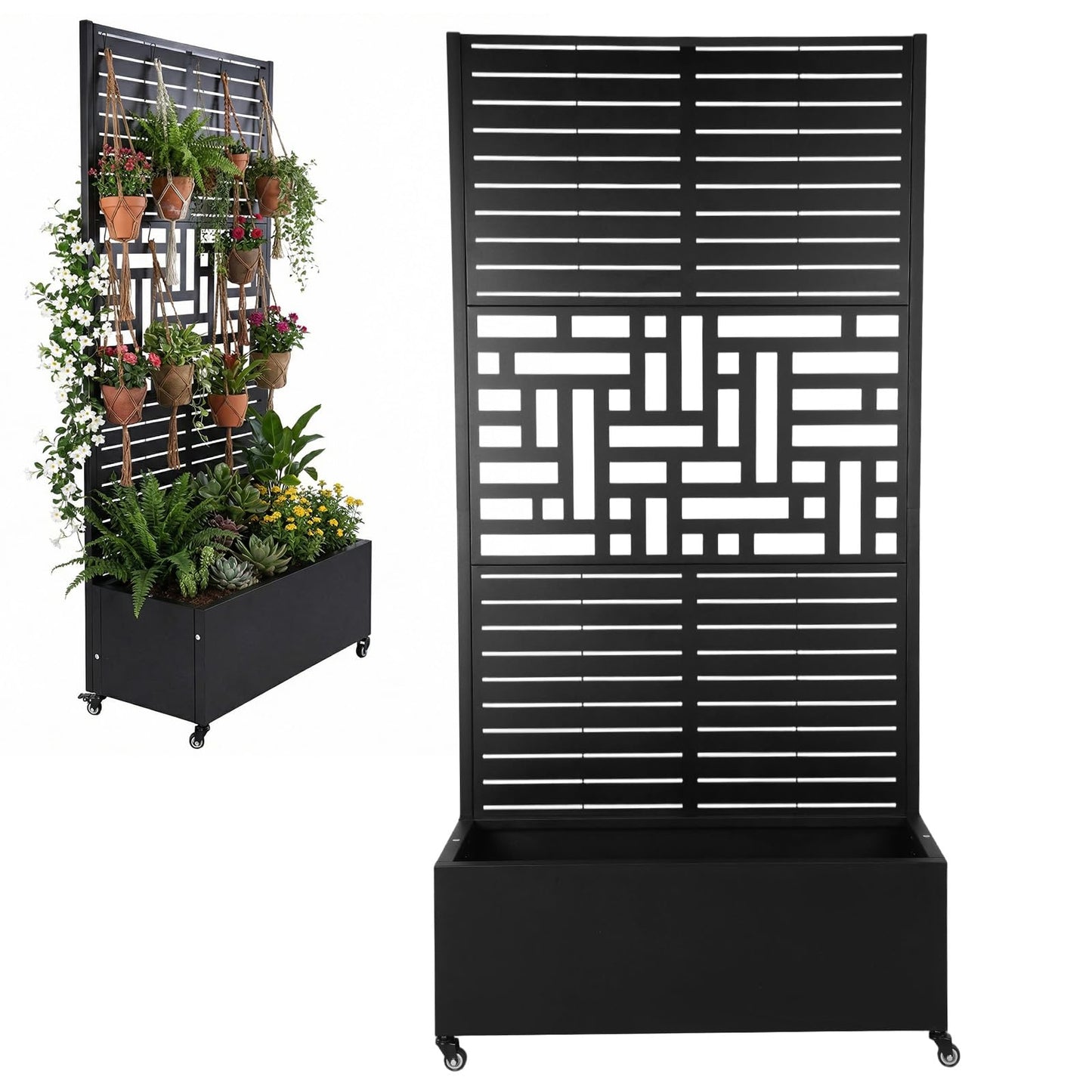 70.87x35.43x15.75 Inch Metal Planter Box with Trellis and Wheels Raised Garden Bed with Drainage Holes Privacy Planters Suitable for Climbing Plants and Vegetables