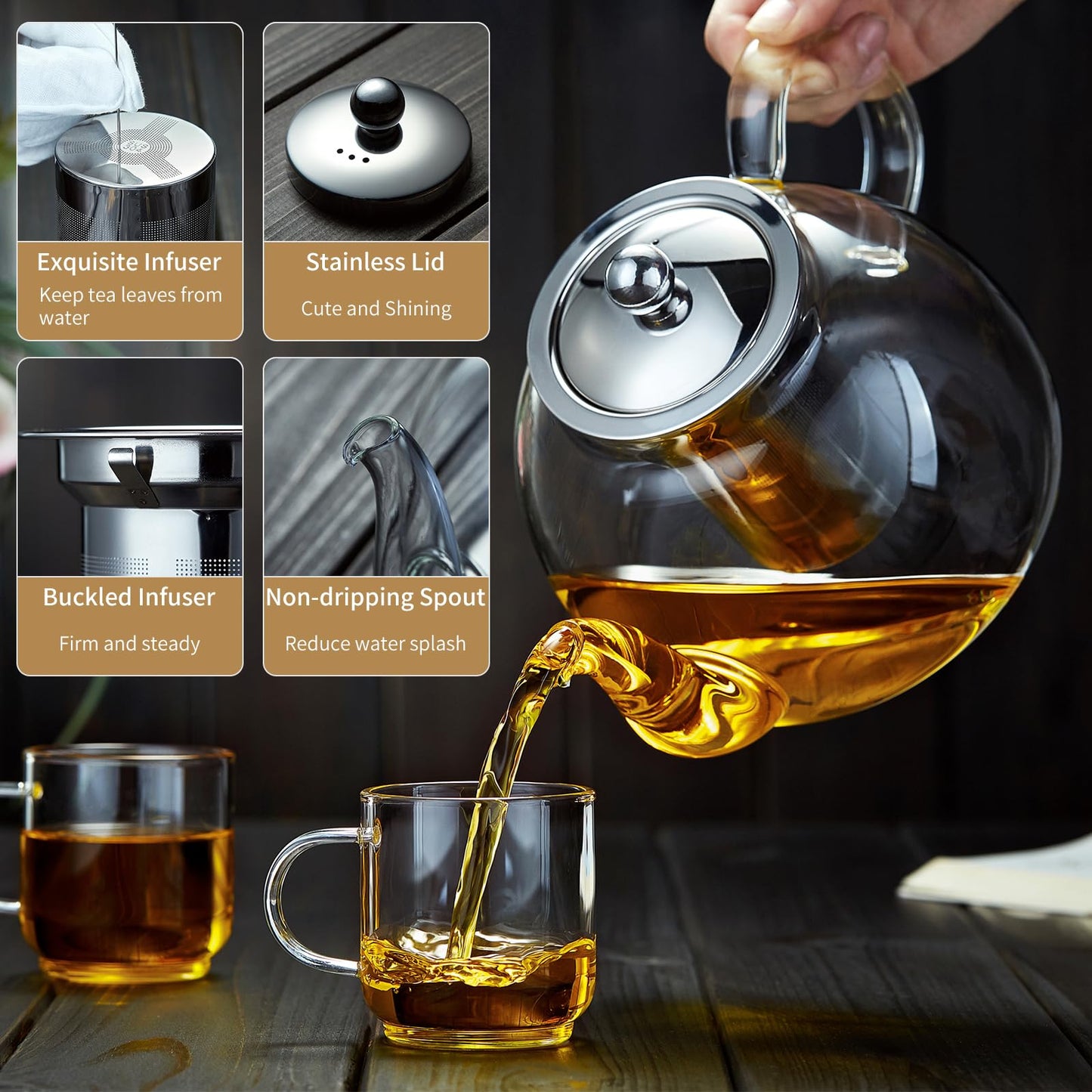 DOPUDO 40OZ (1200ML) Glass Teapot with Infuser Stovetop Safe, Clear Glass Tea Pot Kettle, Borosilicate Tea Pot with Infusers Filter for Loose Tea, Tea Kettle Dishwasher Safe