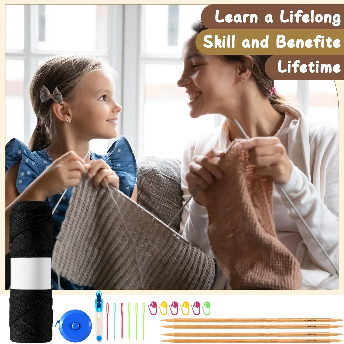 Maasechs Knitting Kits for Beginners Adults Complete Hat Knit Set with Yarn Bamboo Needles Starter Crochet Kit with Full Knitting Crochet Accessories for Women and Men(Black)
