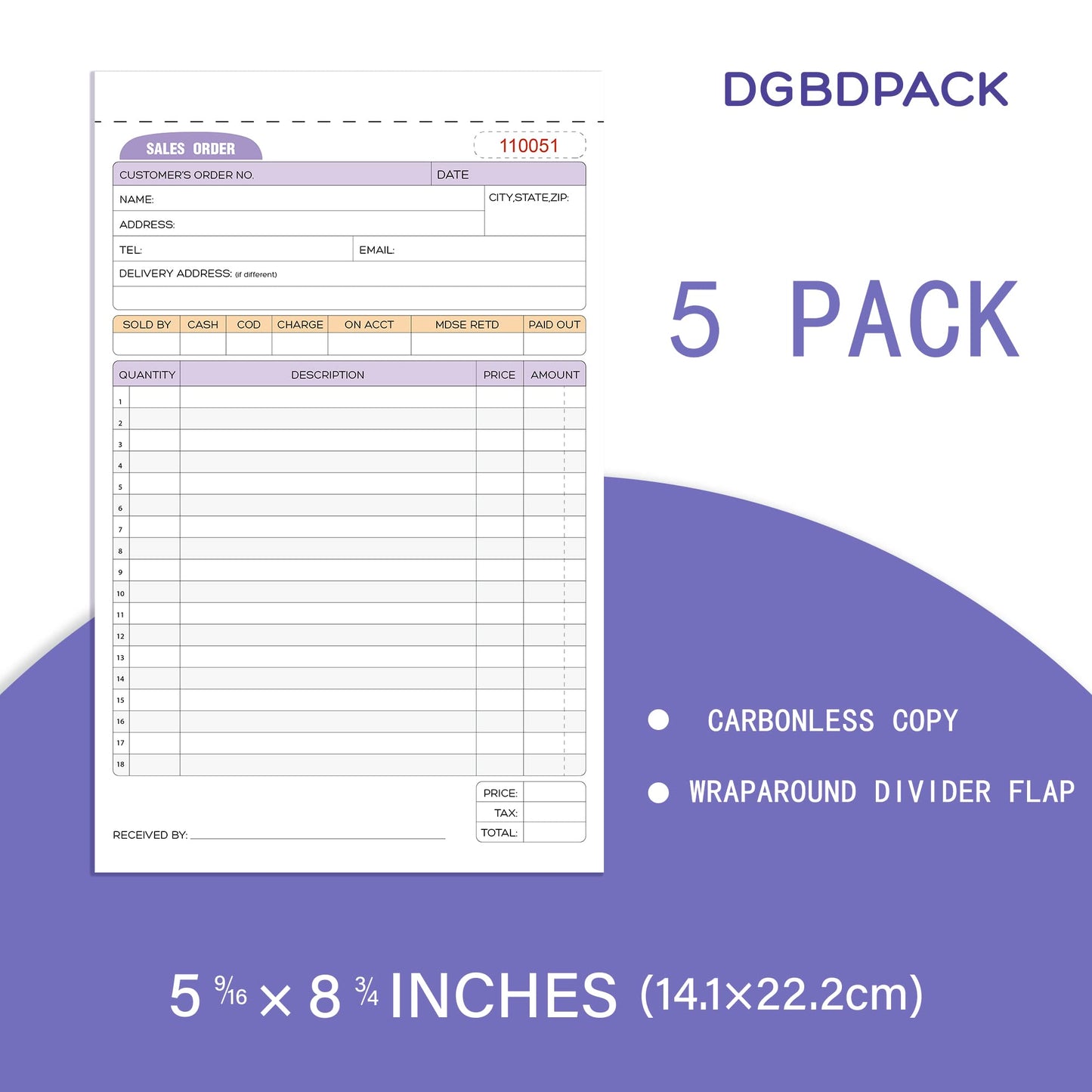 DGBDPACK Sales Order Book 5 Pack, 2 Part Carbonless Invoices, White/Canary, 5-9/16 x 8-3/4 Inches, Receipt Book 50 Units per Book