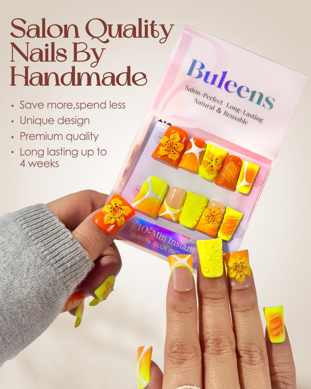 Buleens Handmade Press on Nails Acrylic Duck Nails-10pcs Short Vibrant Tropical Yellow Flower 3D Fake Nails Kits with Glue