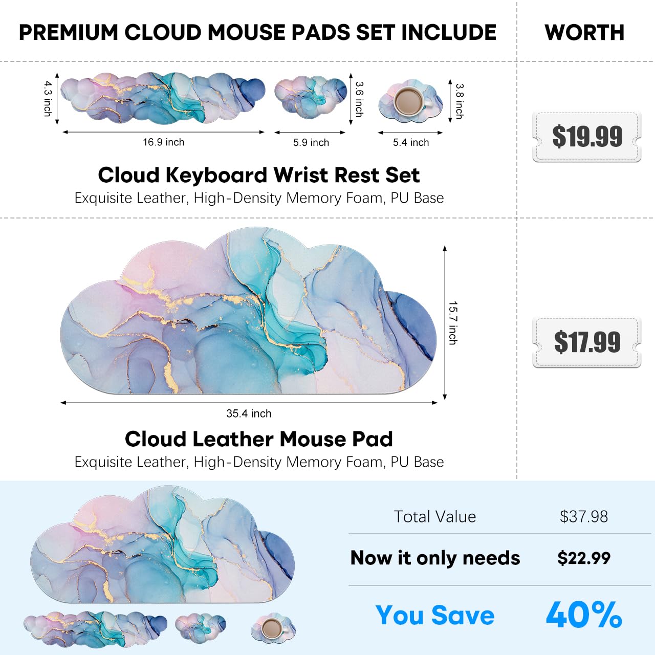 JIKIOU Large Cloud Mouse Pad Waterproof with Cloud Keyboard Wrist Pad and Cloud Mouse Wrist Pad Set, Ergonomic Computer Desk Wrist Support Mousepad for Keyboard and Mouse 35.4x15.7in Marble Blue