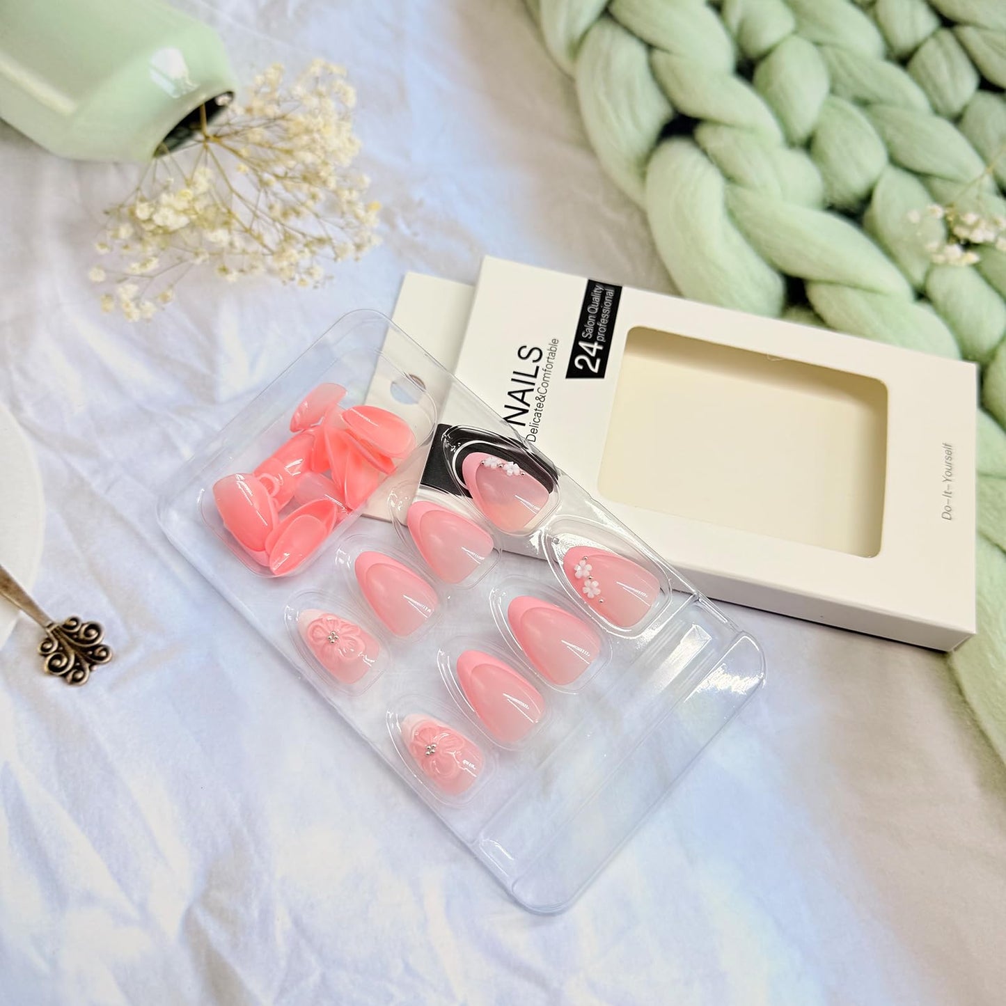 Spring Summer Press on Nails Almond Medium Fake Nails with Design Flower Stick on Nail Pink French Acrylic False Nail Cute Rhinestone Artificial Nail Glossy Full Cover Glue on Nails for Women