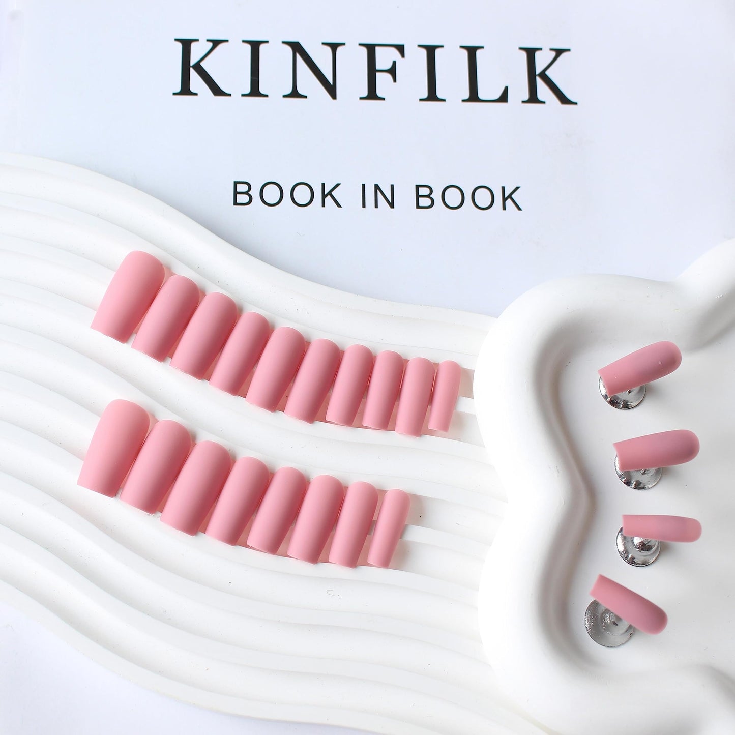KQueenest Matte Rose Pink Press on Nails Long Medium Square, Fake Nails Press ons, Glue on Nails Coffin For Women, Natural Gel Square Tip Nails, Acrylic False Nails for Finger Decoration