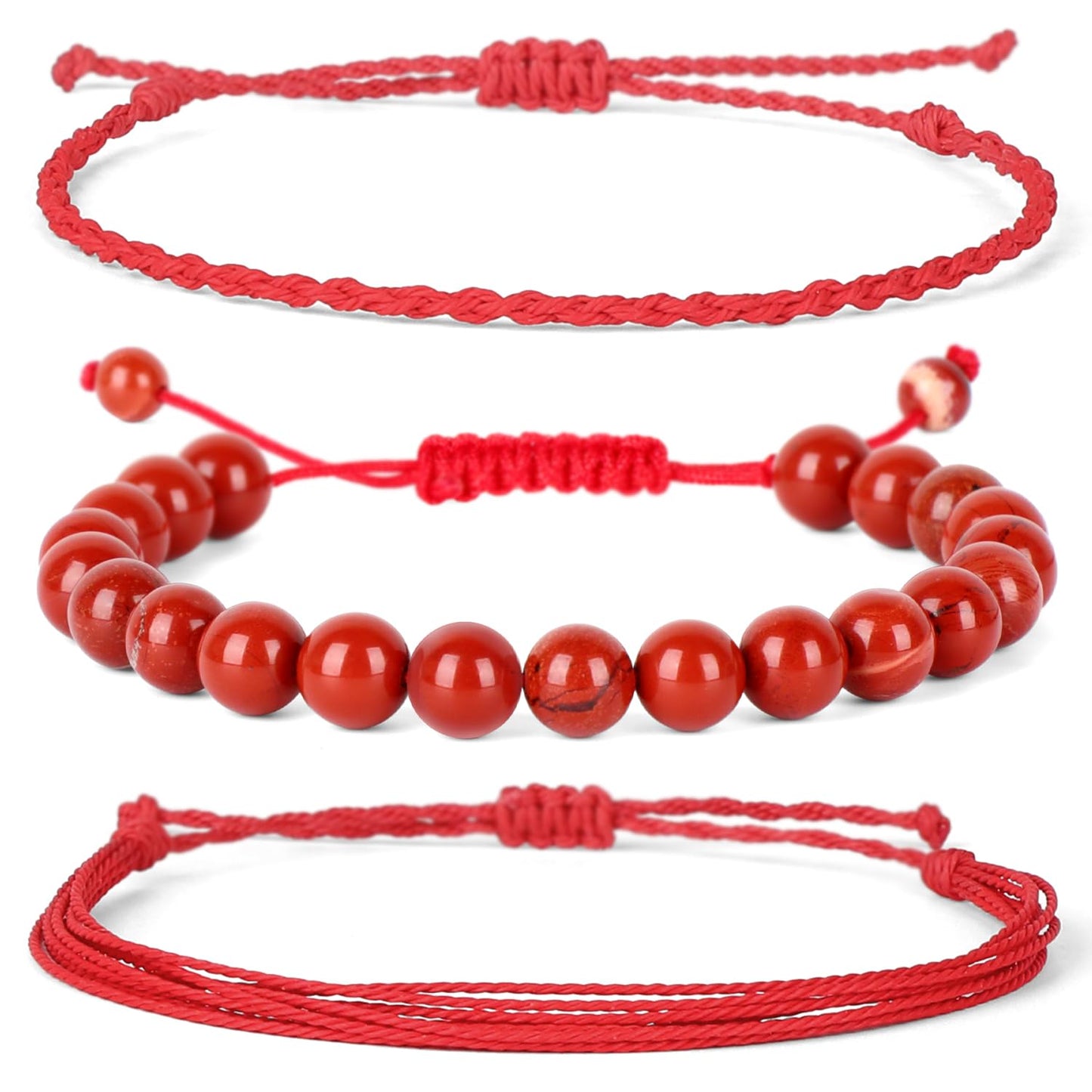 QOGIR Handmade Healing Bracelet,8mm Natural Red Jasper Gem Stone Beads Bracelet Gifts for Men Women with 2PCS Size Adjustable Rope Bracelets