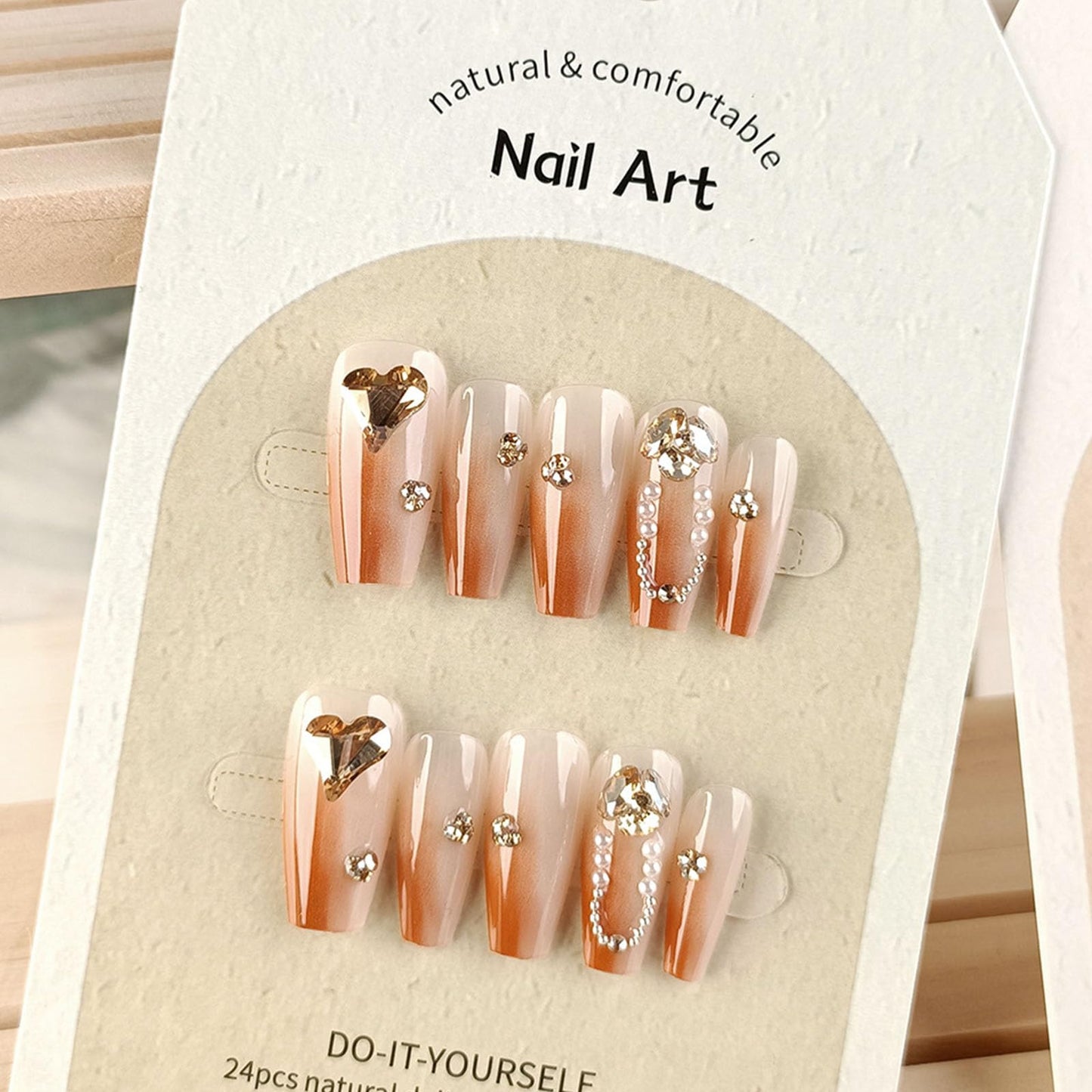 Medium Press on Nails Coffin Fake Nails with 3D Rhinestones Pearl Charms Designs Brown Nails Press ons Gradient False Nails for Women 24Pcs
