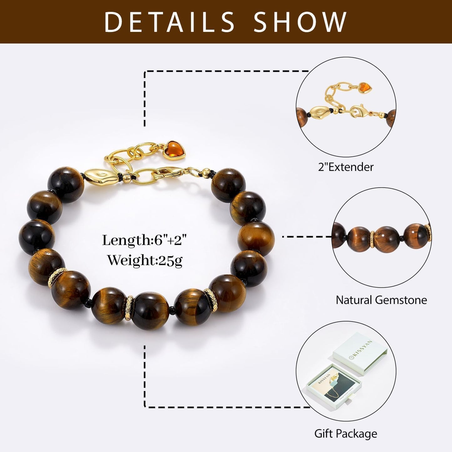 KissYan Beaded Bracelets for Women, Colorful Natural Stone Boho Bead Bracelet for Beach, Handmade Gemstone Summer Jewelry Gifts (Tiger Eye)