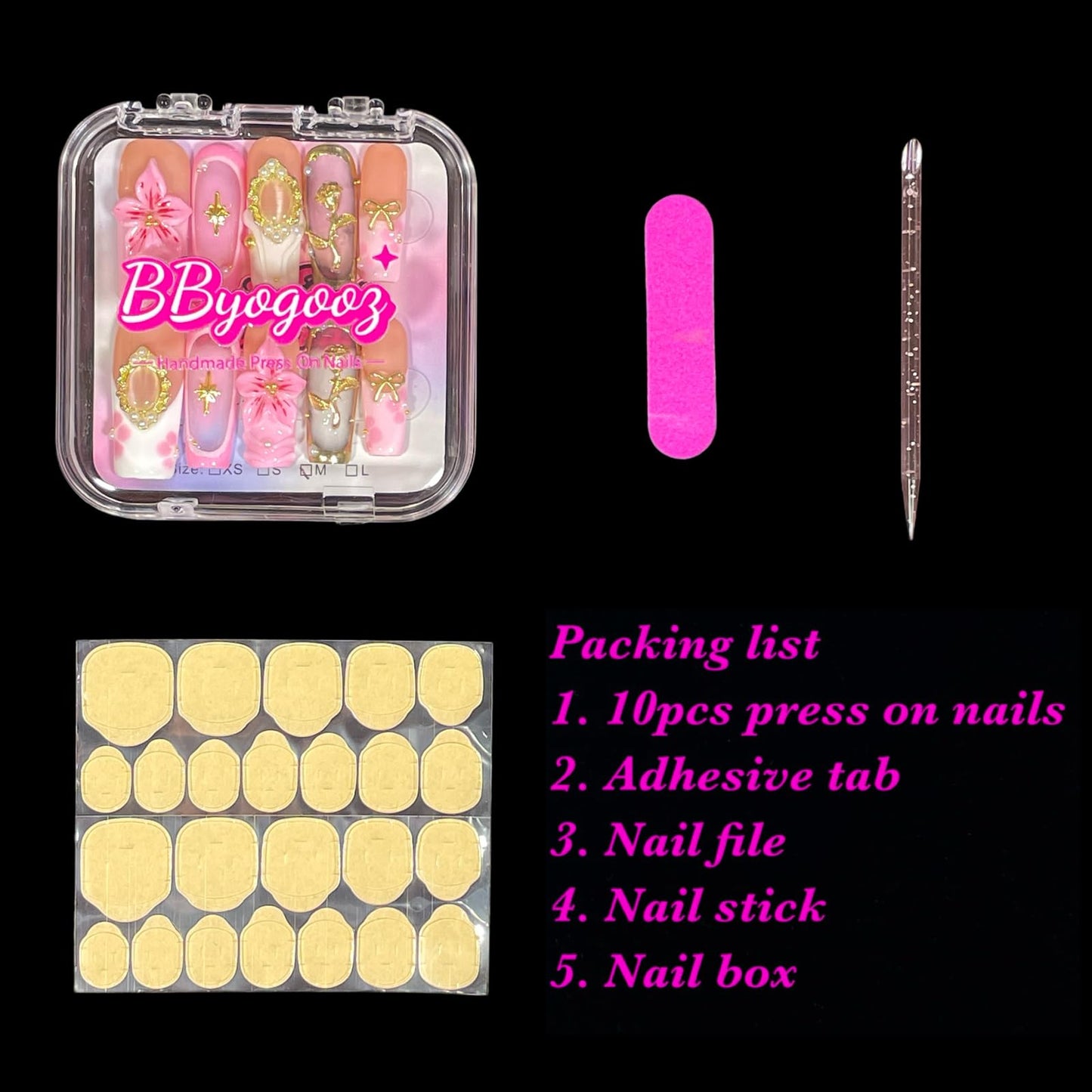 Handmade Press on Nails 3D Floral - Pink Nude Vintage Gold Rose & Pearl Design, Medium Long Square False Nails Reusable Acrylic Fake Nails (Mist Pink, S)
