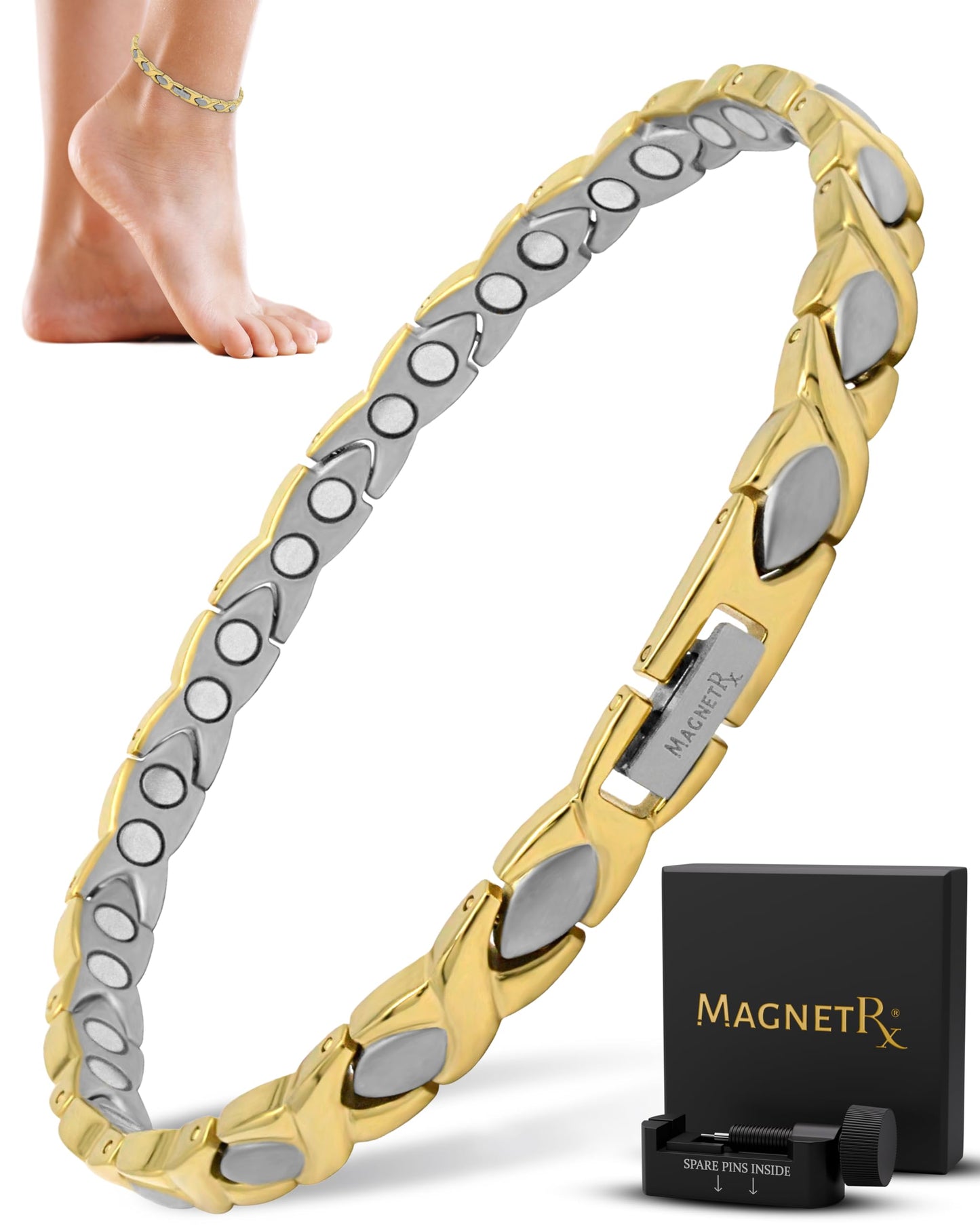 MagnetRX Titanium Magnetic Bracelet – Ultra Strength Magnets Anklet for Women (Silver & Gold)