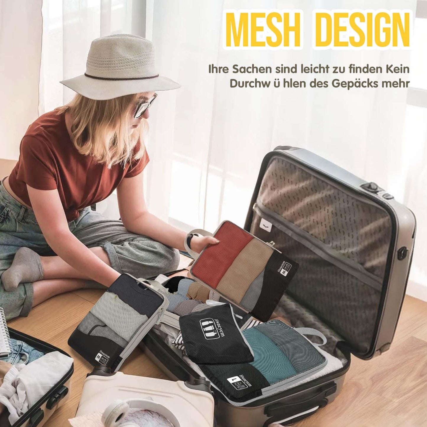 HWAEYEM Compression Packing Cubes 8 Set, Dual Zipper Compression Packing Cubes for Travel, See-Through Mesh Packing Bags for Suitcases, Packing Cube with Shoe Bag (Black)