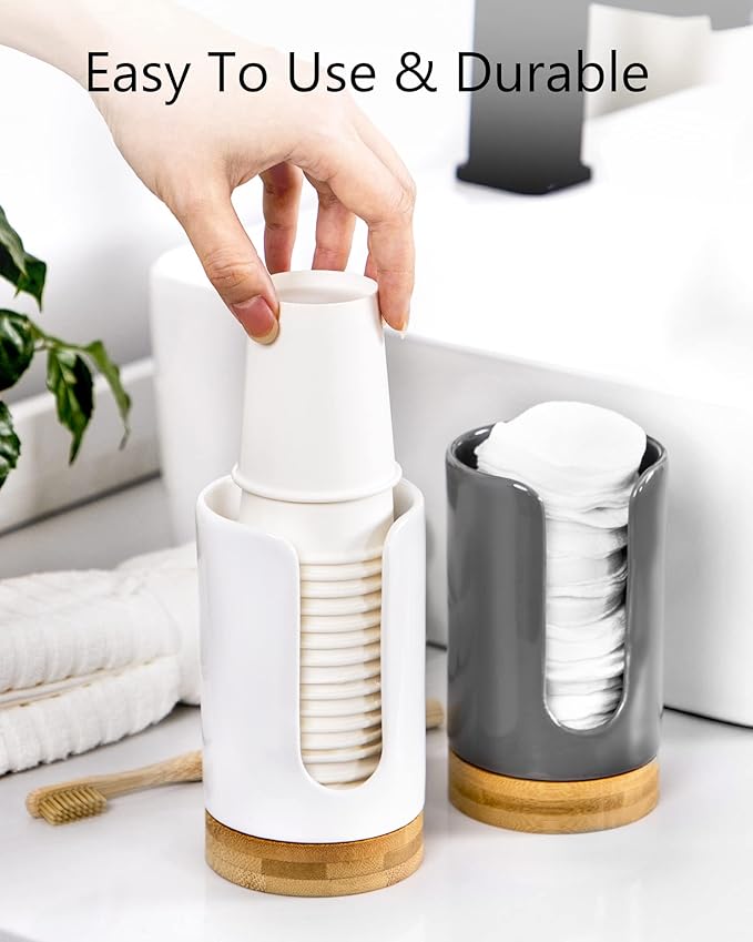 Ceramic Bathroom Cups Dispenser - 3-5 oz Disposable Paper & Plastic Bathroom Cups Holder - Mouthwash Cups Dispenser for Bathroom, Guest Toiletries, Countertop - BPA Free (White, 2 Pack)