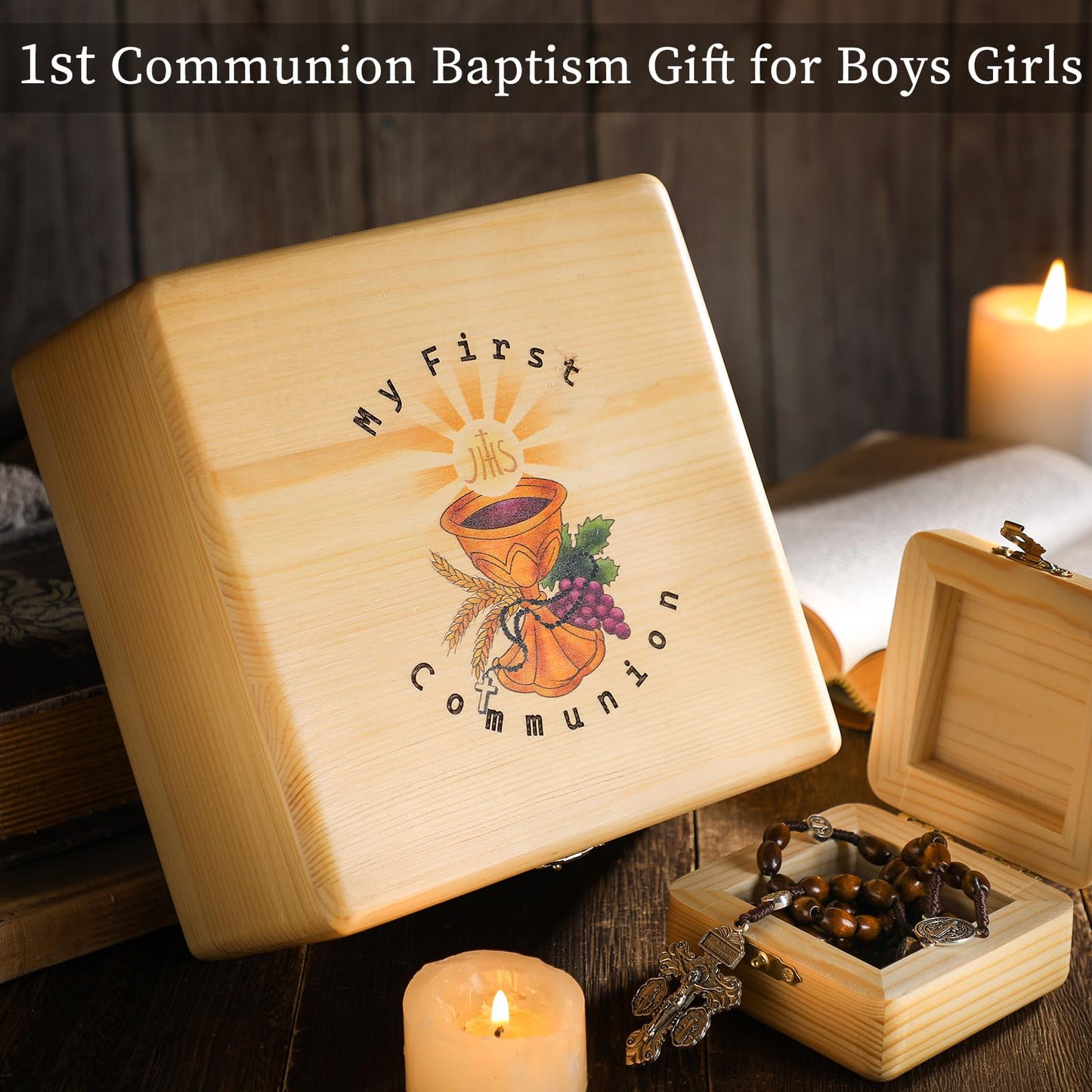Wonderjune First Communion Wooden Keepsake Box First Holy Communion Gift Cross Rosary Jewelry Box Baptism Gift Memory Storage Box(7.7 x 7.7 x 4 Inches)