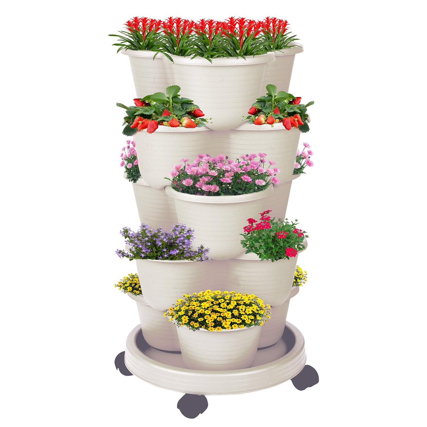 Pinky Family 5-Tier Vertical Garden Tower Stackable Planter for Strawberries, Flowers, Vegetables & Herbs Beige