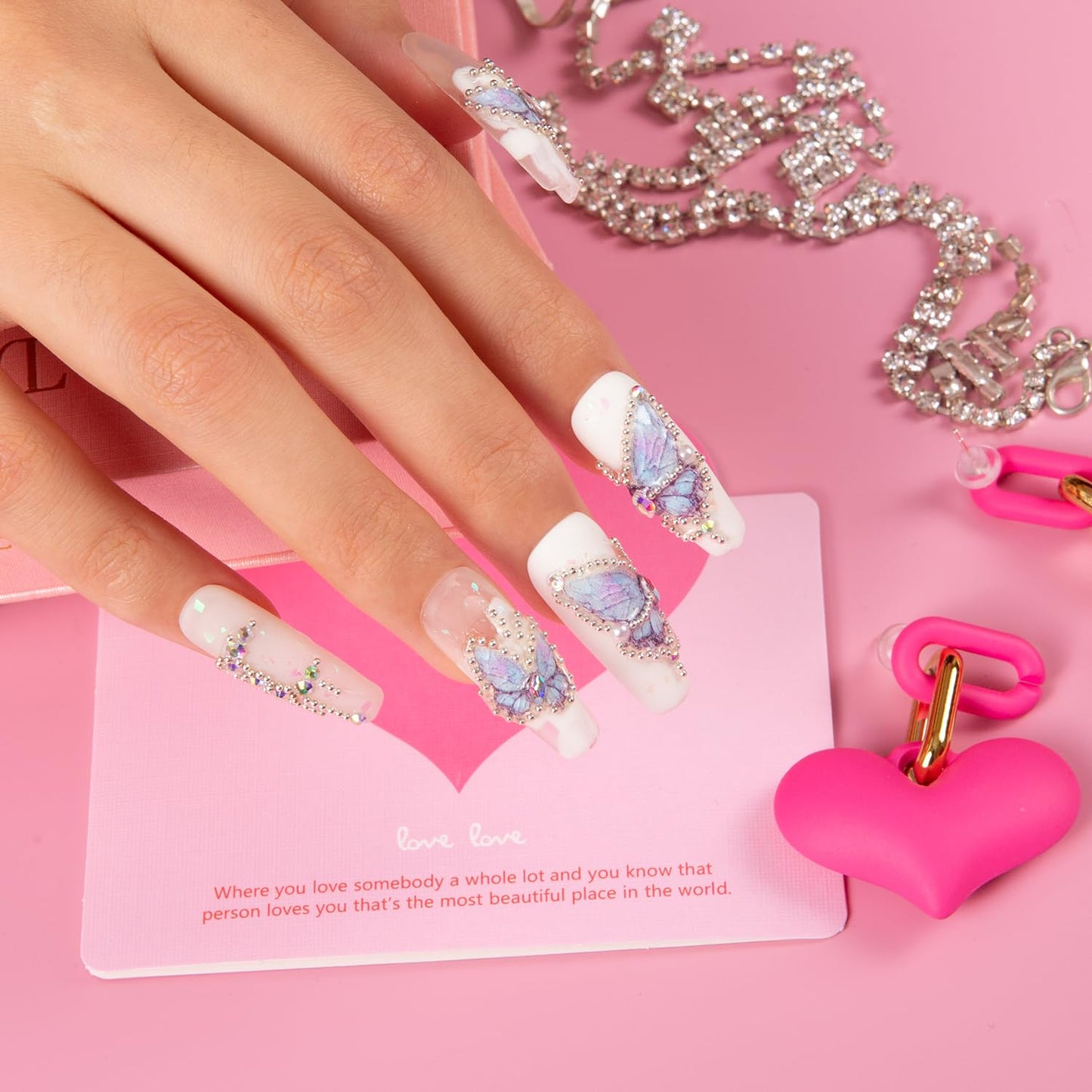 LOVFUL Press on Nails Holly Blue | Handmade with Full Covered Crystals | Reusable Fake Nails | Coffin Classic Regular 1.3 in | H23-S
