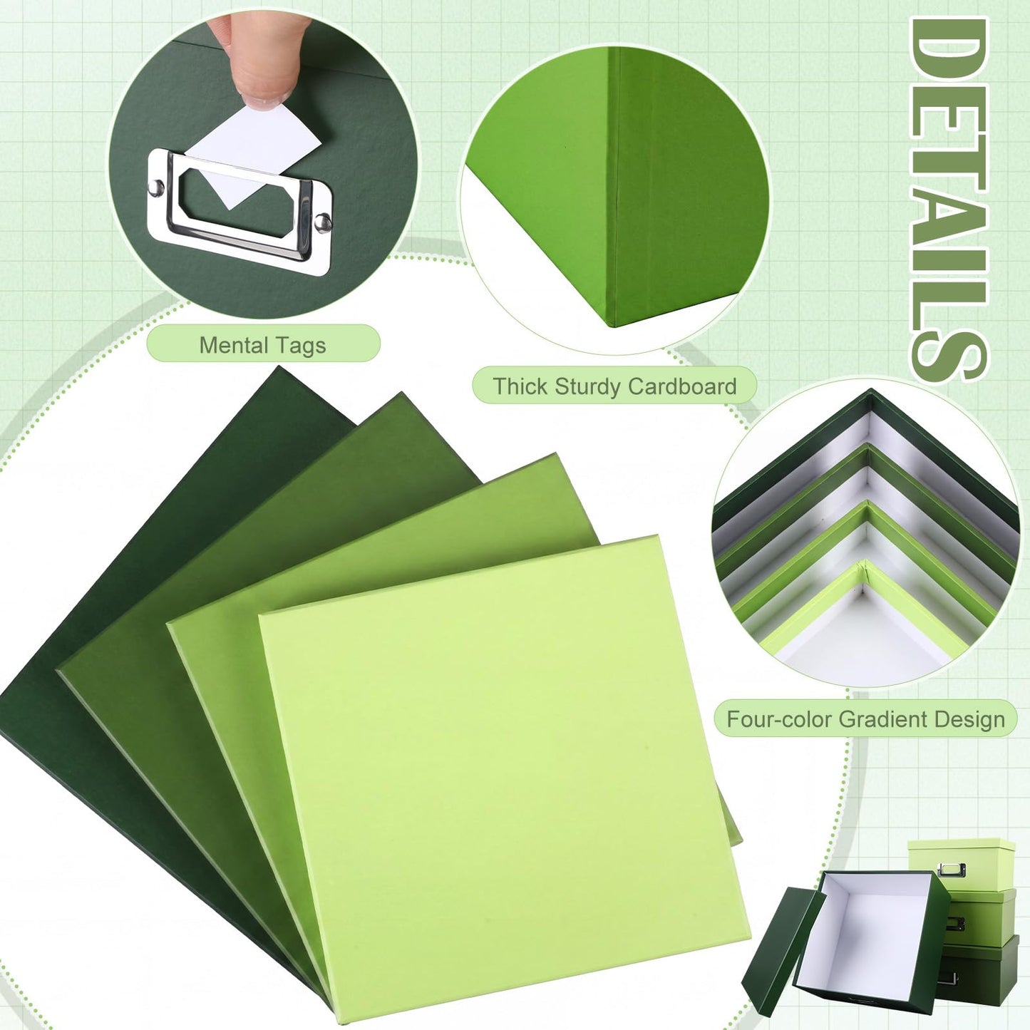 YooNotee 4 Pcs Decorative Storage Boxes with Lids, Stackable Paper Storage Boxes with Label Holders, Photo Memory Keepsakes Gift Boxs for Home Office Closet File Organizer(Green Gradient)