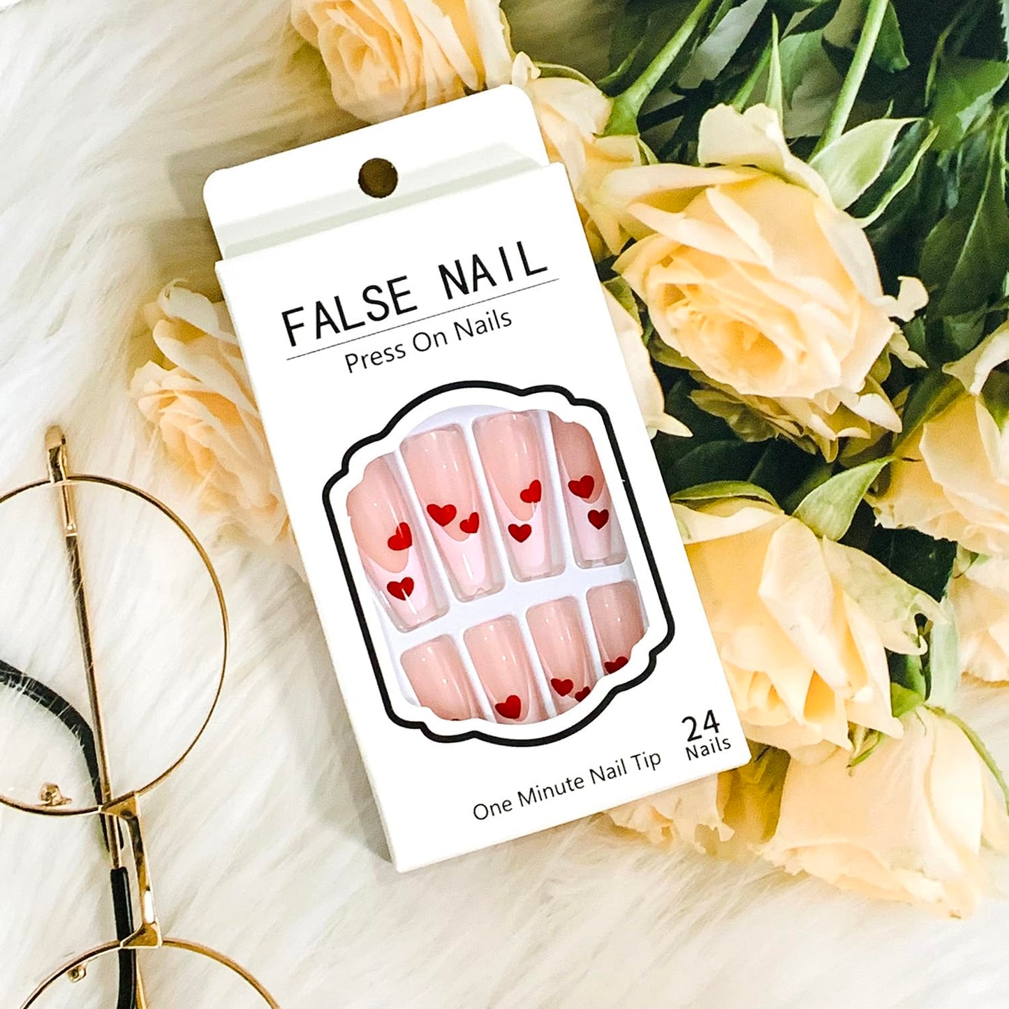 Vezocim Valentine Press on Nails Coffin Long French Tips Glossy Full Cover Acrylic Square Fake Nails with Red Heart Designs Extra Long False Nails Glue Stick on Fingernails with Charm for Women