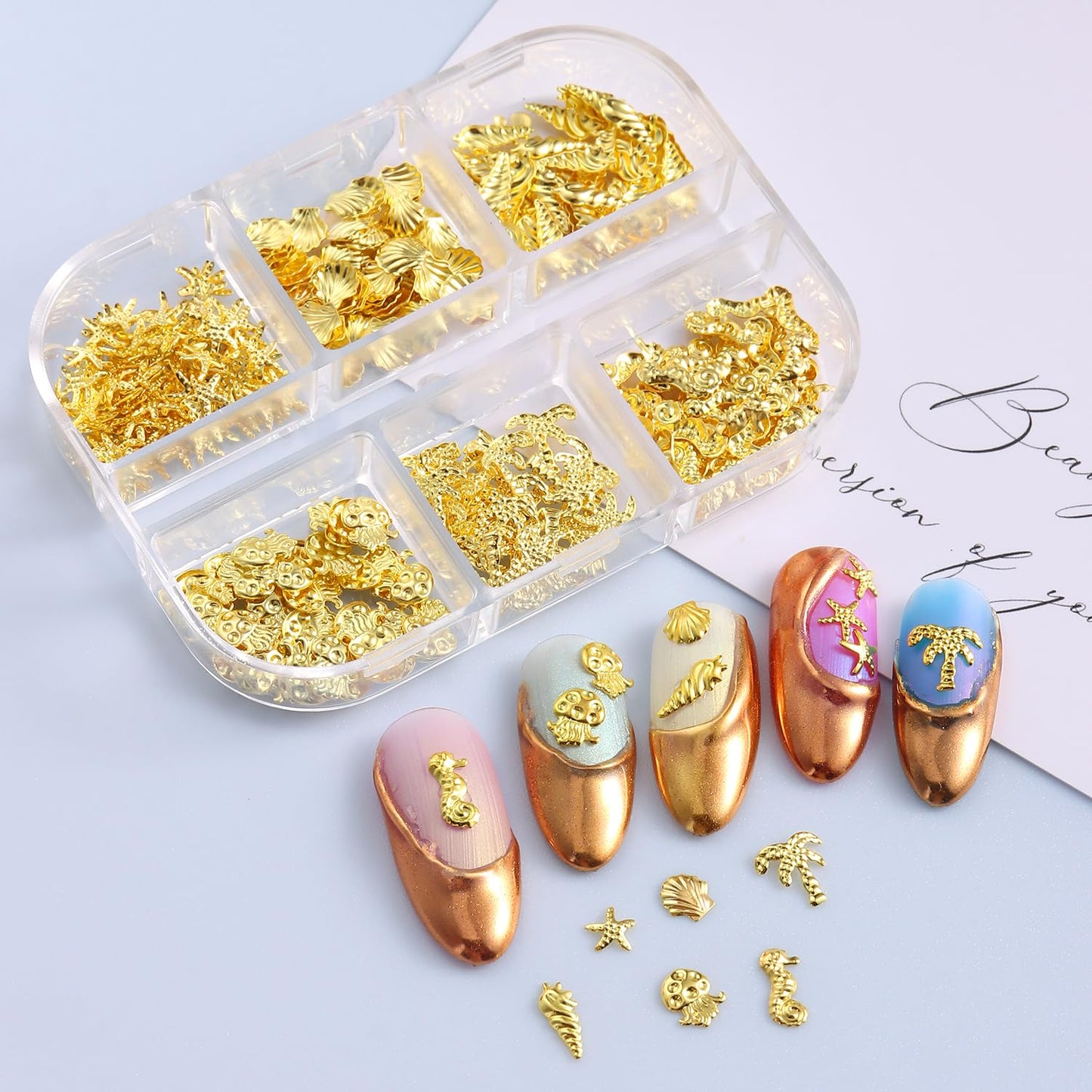 Furtherpretty 3D Beach Nail Charms Set, 2 Boxes Gold & Silver Seashell Nail Charms, Summer Ocean Starfish Jellyfish Palm Tree Nail Art Accessories Decoration with Tweezers, concha nácar para uñas