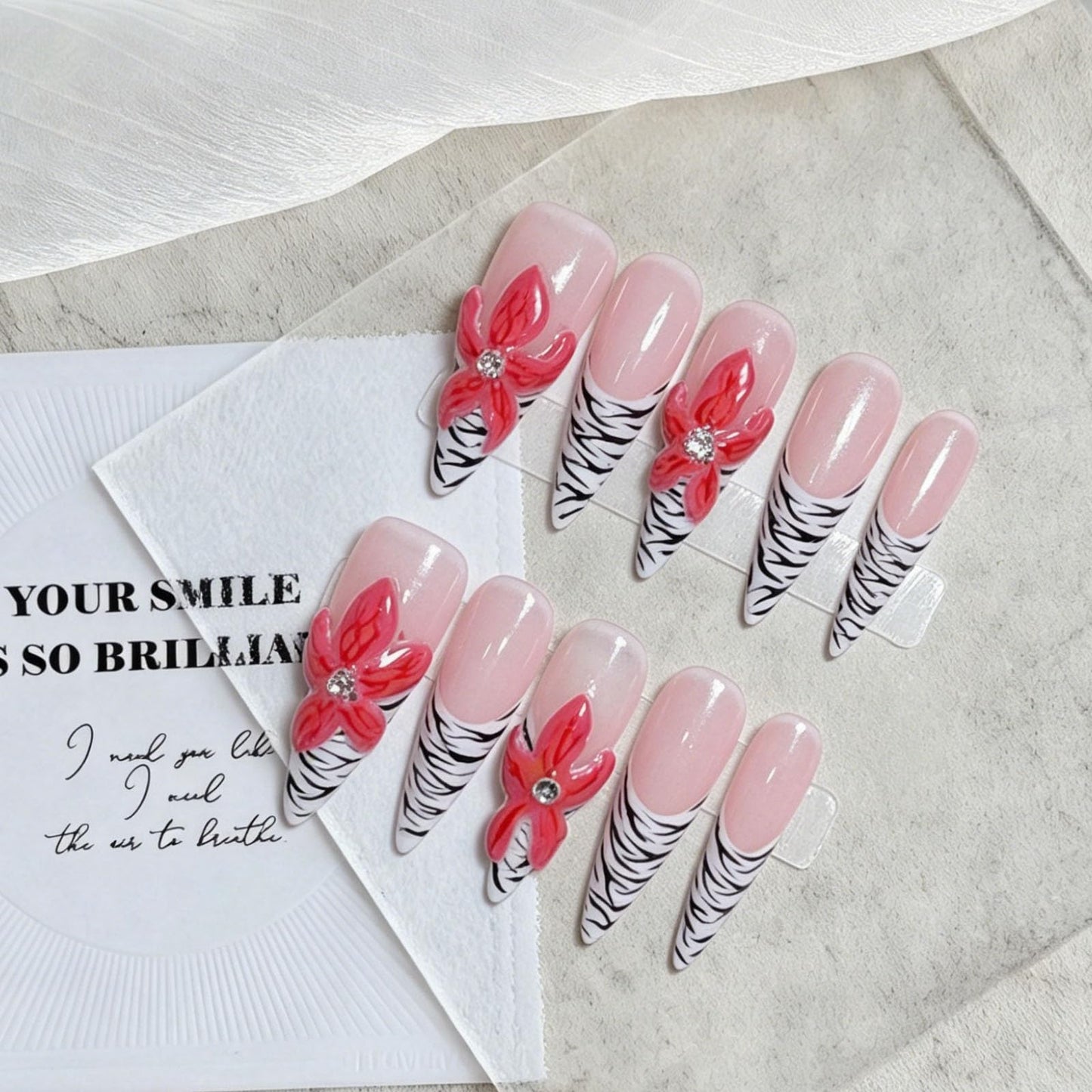 10 Pcs Handmade Press on Nails Long Stiletto Fake Nails with Design Zebra Print French Tip False Nails 3D Red Flower Acrylic Press Ons Nails for Women Manicure - Size M