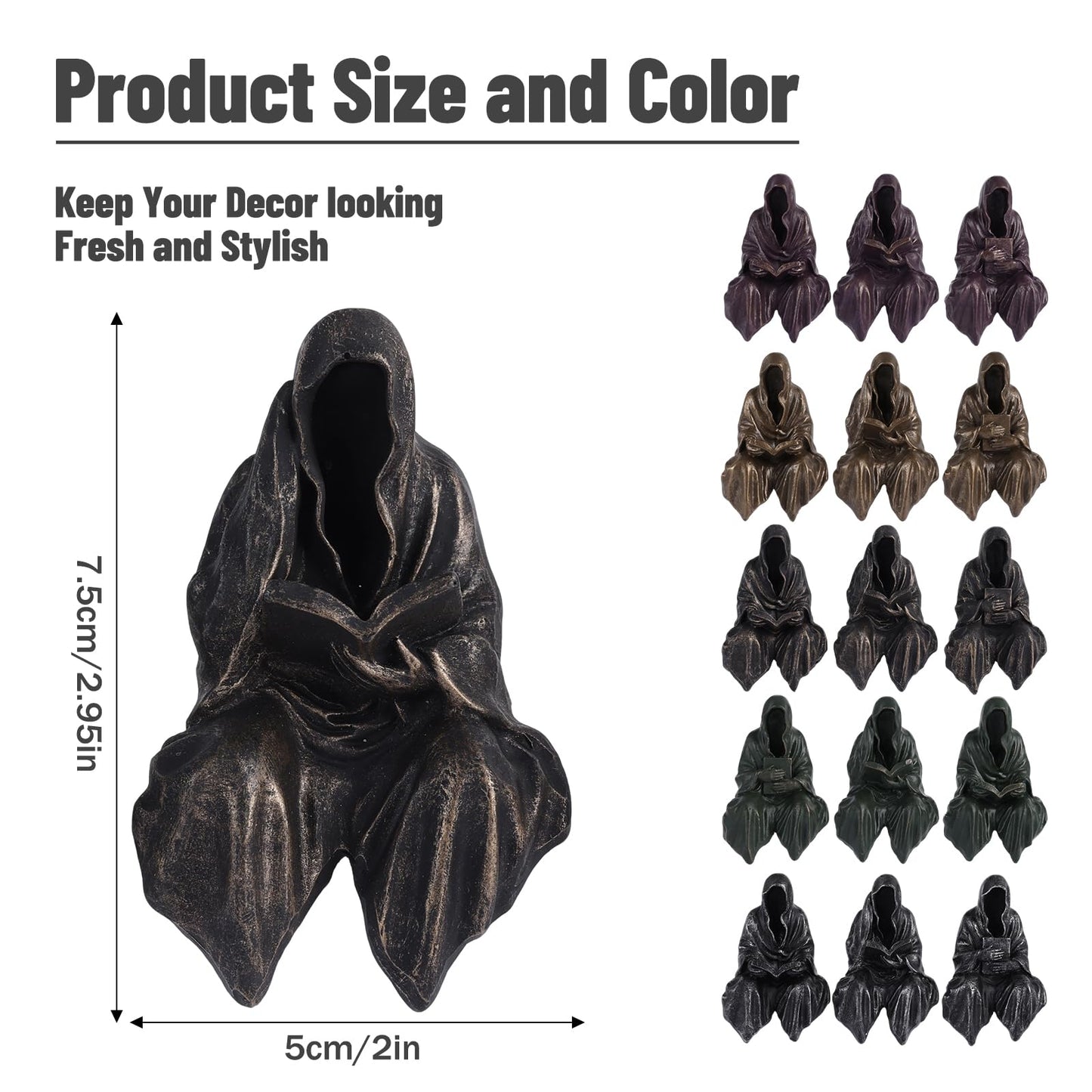 2.95" Mini Reading Statue Bookshelf Figure Set of 3,Gothic Grim Reaper Statue,Mystery Reading Figurines Sitting Sculpture for Bookshelf Decor Fantasy,Halloween Trinkets Dark Academia Decor Aesthetic