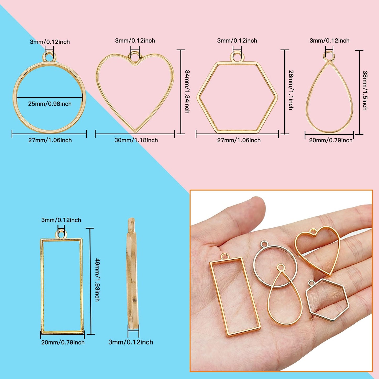 50pcs Open Bezel Pendants 5 Styles Hollow Bezel Pendants Open Frame Pendant Geometric Pressed Flower Frame for Resin Casting, Necklace, Earrings, Pressed Flower, DIY Crafts(K Gold,White K)