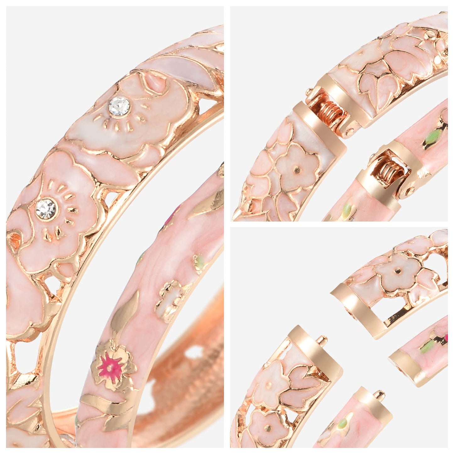 UJOY Women Cloisonne Bracelet Multi-Colors Plated Rhinestone Flower Hollowed Enameled Hinged Cuff Bangles Jewelry Gift 88A08-3PCS Pink