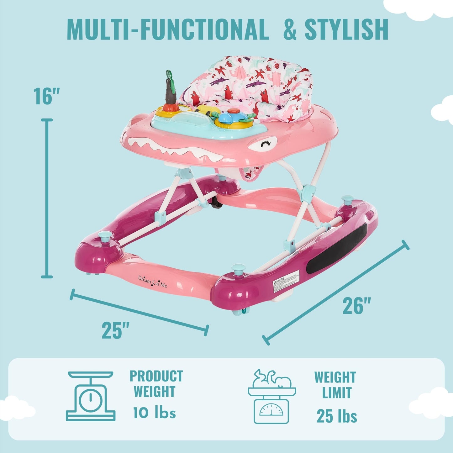 Dream On Me Baby Steps Baby Walker in Pink, Adjustable Three Position Height Setting, Removable Tray, Easy to Fold and Store Baby Walker