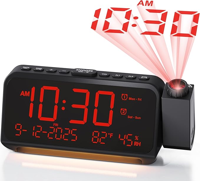 Roxicosly Projection Alarm Clock for Bedroom Ceiling, 118 dB Super Loud for Heavy Sleepers, Plug in Dual Alarm with Weekday/Weekend, 6.7" Large Dimmable Display with Day Date Indoor Temp Humidity