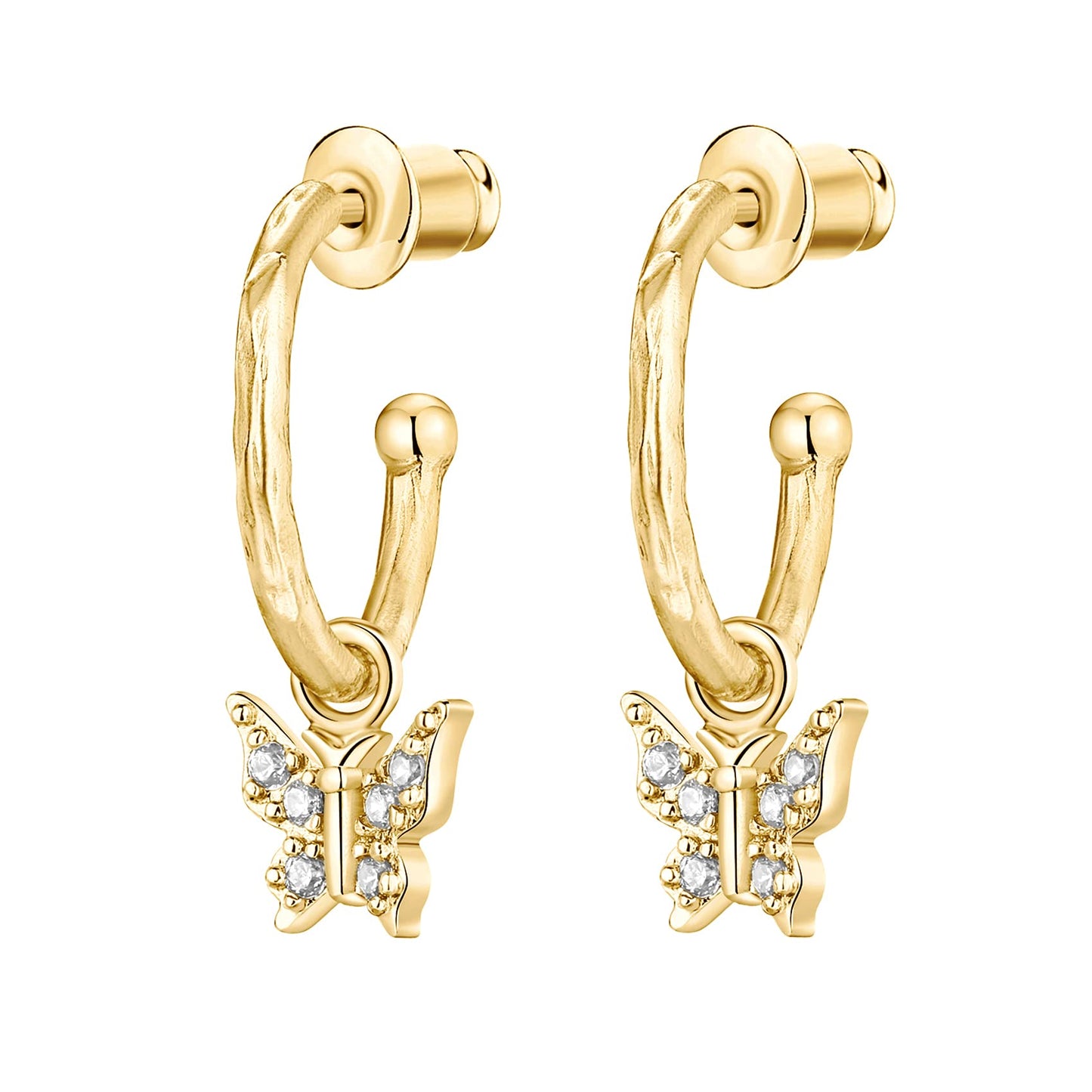 PAVOI 14K Yellow Gold Plated 925 Sterling Silver Post Cute Dangle Huggie Hoop Earrings For Women - Trendy Butterfly Open Hoop Earrings - Small Hinged Hammered Huggies