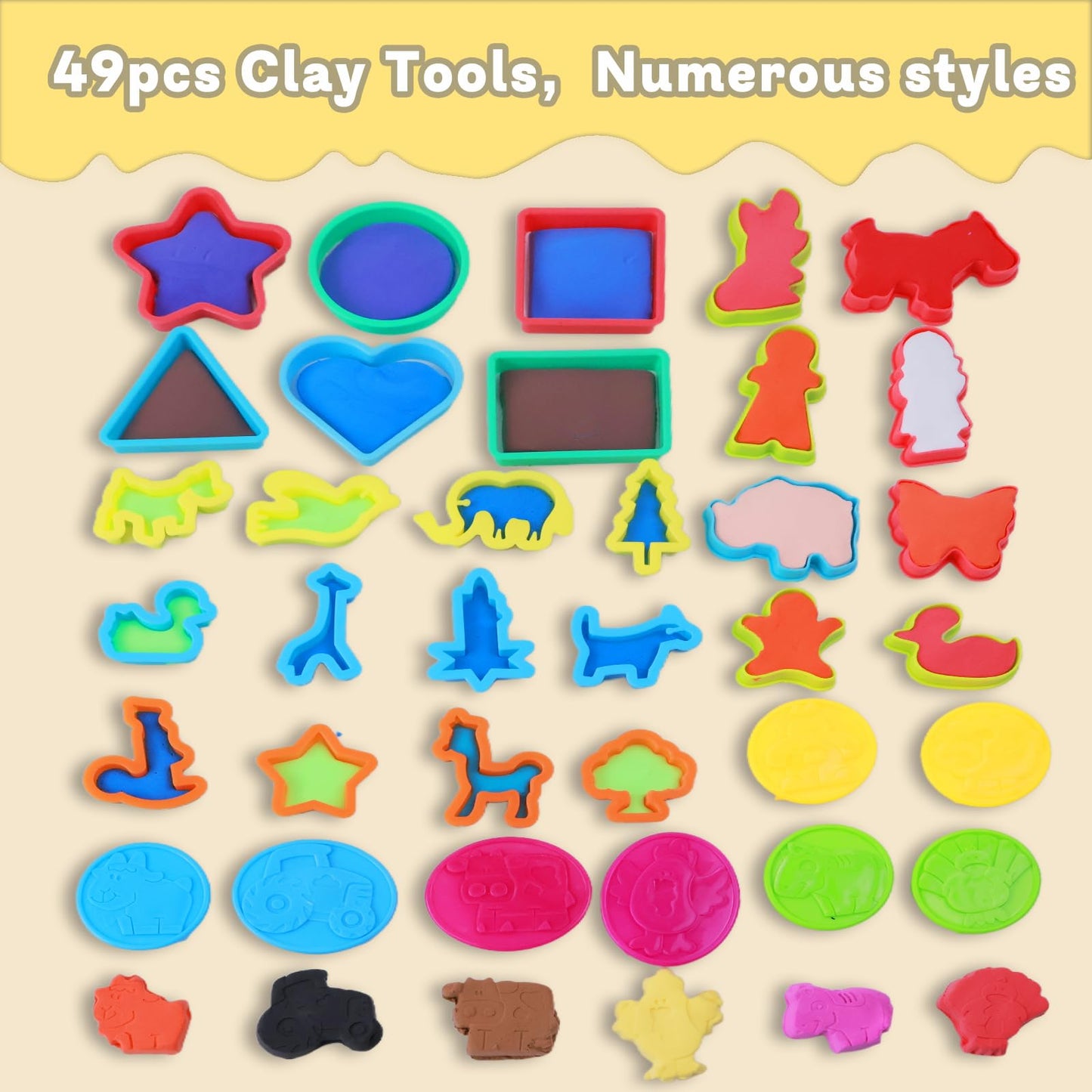 LCY WEDSHI Dough Tool Set, 49 Pcs Dough Tools Sets for Kids Ages 4-8, Dough Accessories Includes Animal Molds, Cutters Roller, Rolling Pins, Safety Scissors, Plastic Knife