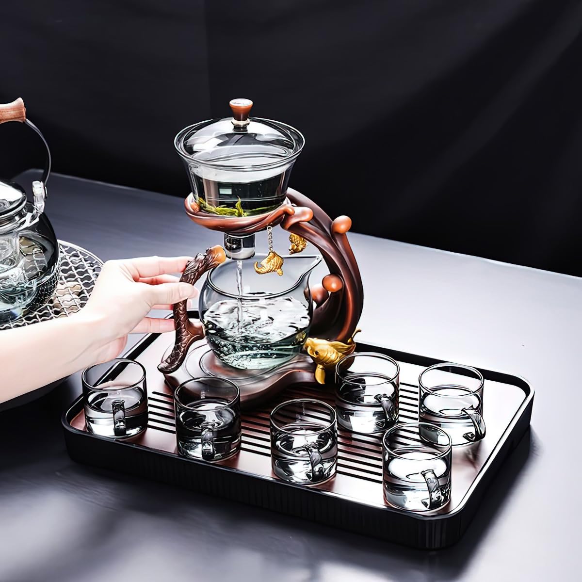 Heat Resistant Magic Teapot Set, Semi Automatic Drip TeaPot, Home Lazy Kung Fu Tea Maker Set, Magnetic Glass Tea Pot, High Borosilicate Glass TeaPot, Suitable for home/office Reception