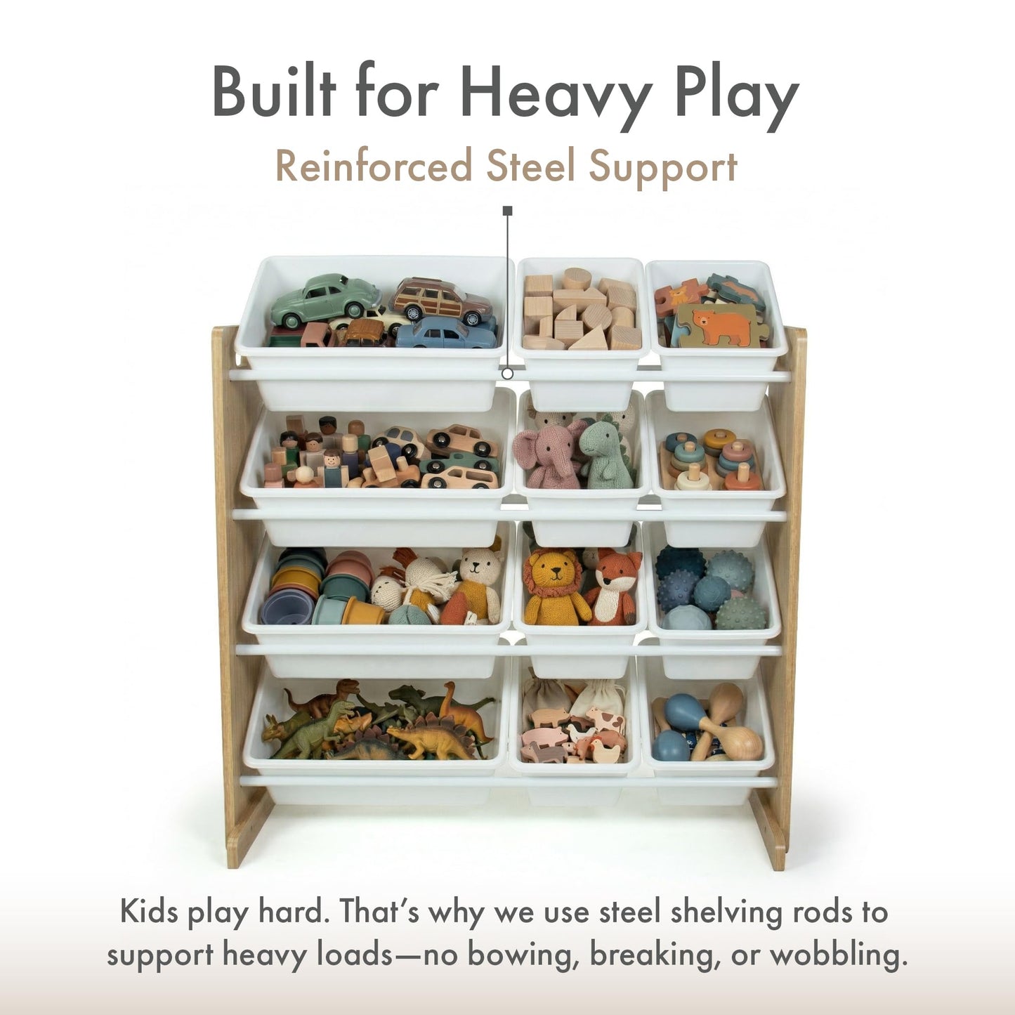 Humble Crew Toy Storage Organizer with 12 Removable Storage Bins for Kids Playroom, 4-Tier Toddler Toy Organization, Natural Wood/White