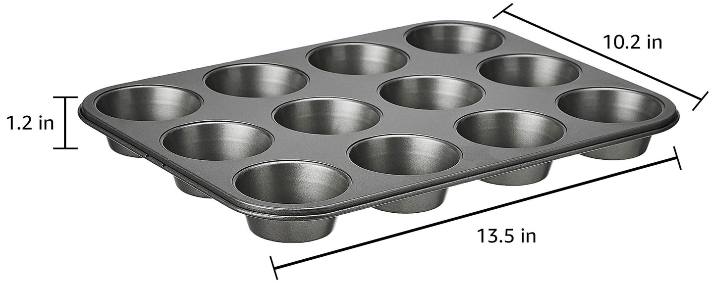 Amazon Basics Nonstick Muffin Pan, Set of 2, Sturdy, Oven Safe, Bakes Evenly, Easy to Clean, 12 Cups, Gray, 13.9x10.55x1.22"