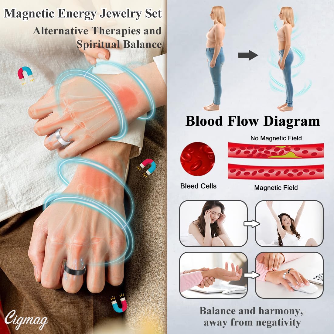 Cigmag 9X Copper Rings for Women Men, with Powerful Magnets, Adjustable Solid Pure Copper (Black & Silver Matte)