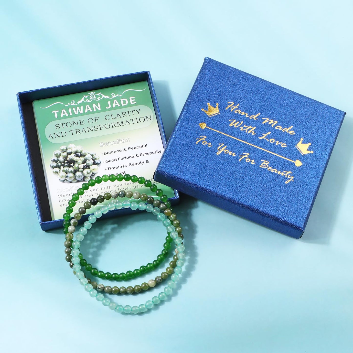 NCB 3-Piece 4mm Natural Crystal Gemstone Stretch Bracelets – ﻿Green Jade, Green Aventurine, Taiwan Jade Handmade Reiki Energy Healing Jewelry for Meditation,Yoga, Unisex