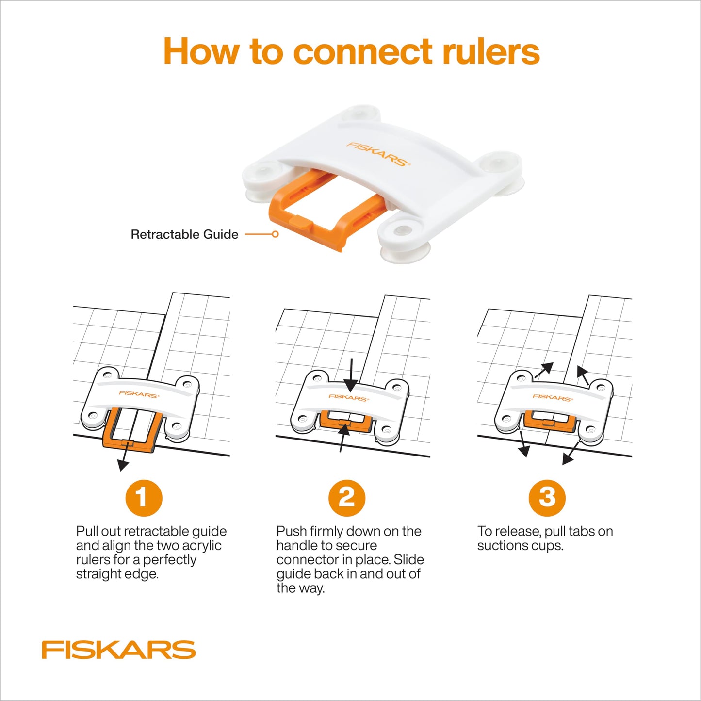 Fiskars 3-Piece Ruler & Connector Set, 6.5"x6.5" and 6.5"x24.5" Rulers, Precision Measuring Tool for Arts & Crafts, Easy Alignment & Cutting