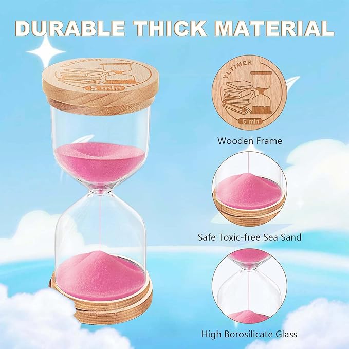 5 Minute Sand Timer, Wooden Hourglass Hour Glass Timer, Small Pink Sand Clock, Mini Sand Watch 5 Min for Kids, Toothbrush, Classroom, Games (Pink)
